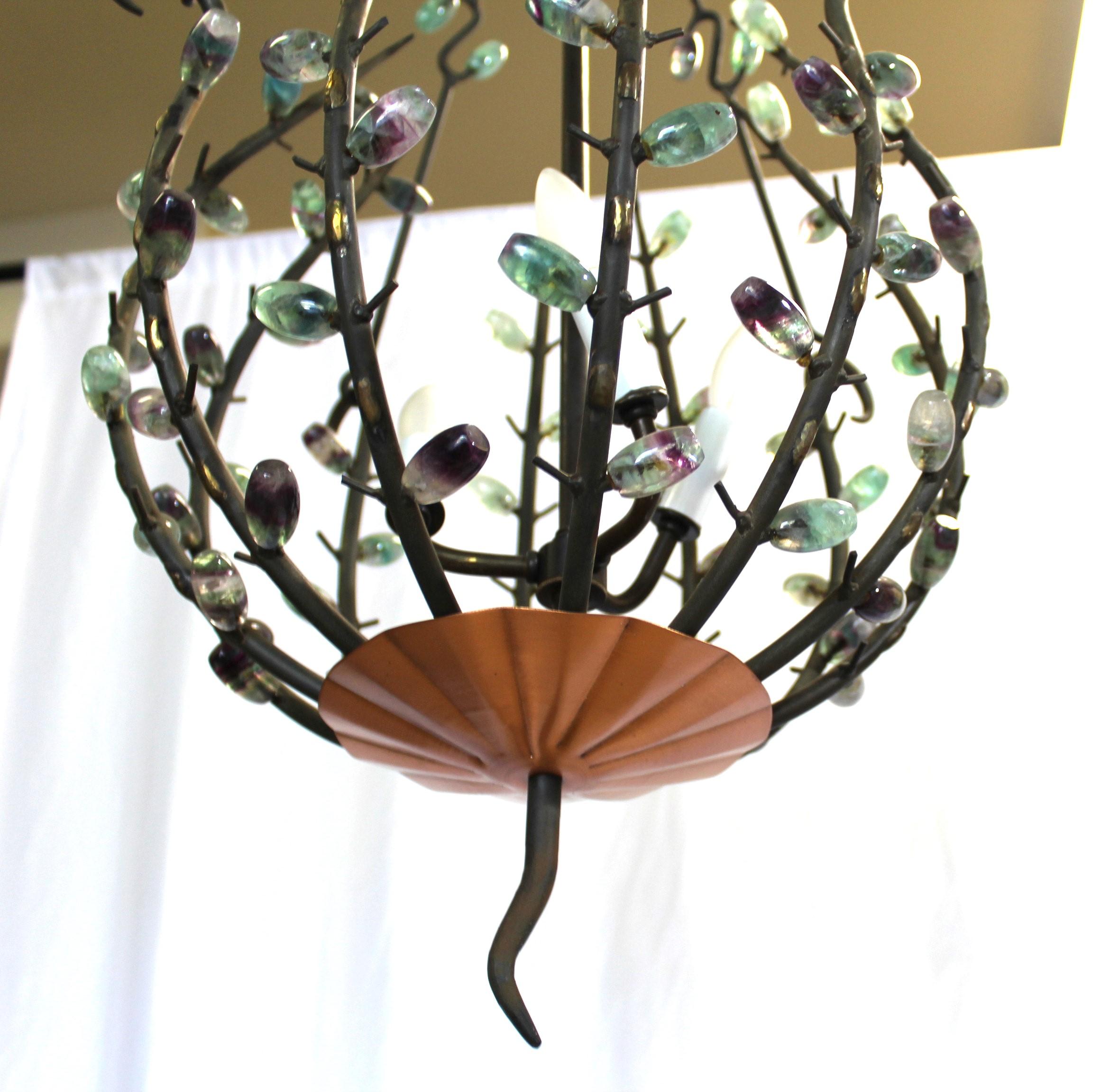 Forged Mid Century Modern Chandelier , Iron & Jewels , After Andre Dubreuil For Sale