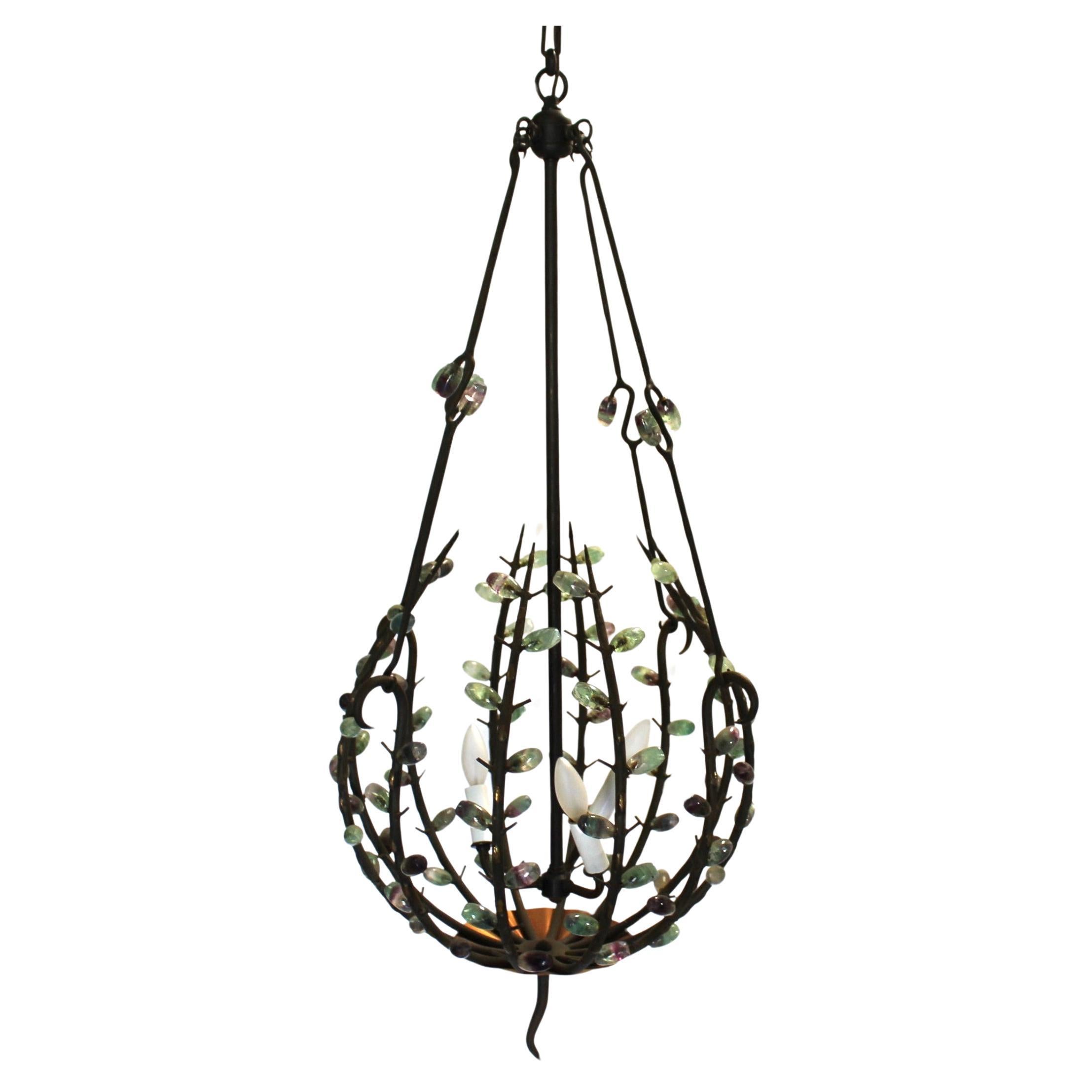 Mid Century Modern Chandelier , Iron & Jewels , After Andre Dubreuil For Sale