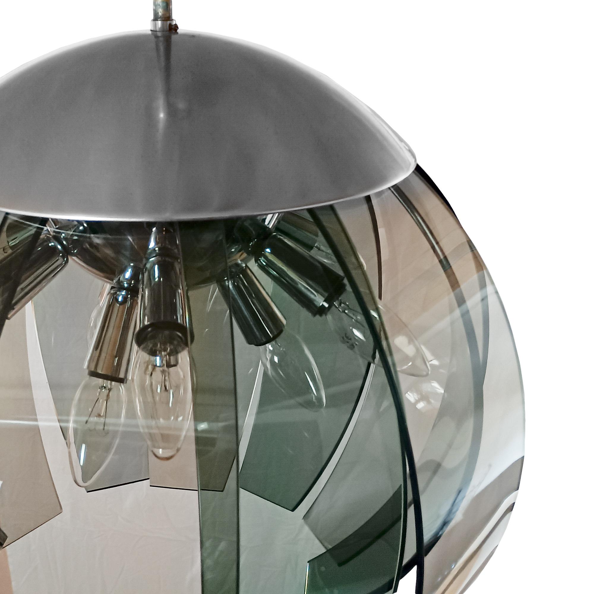 Italian Mid-Century Modern Chandelier-Lantern with 12 Curved Glass Plates - Italy For Sale