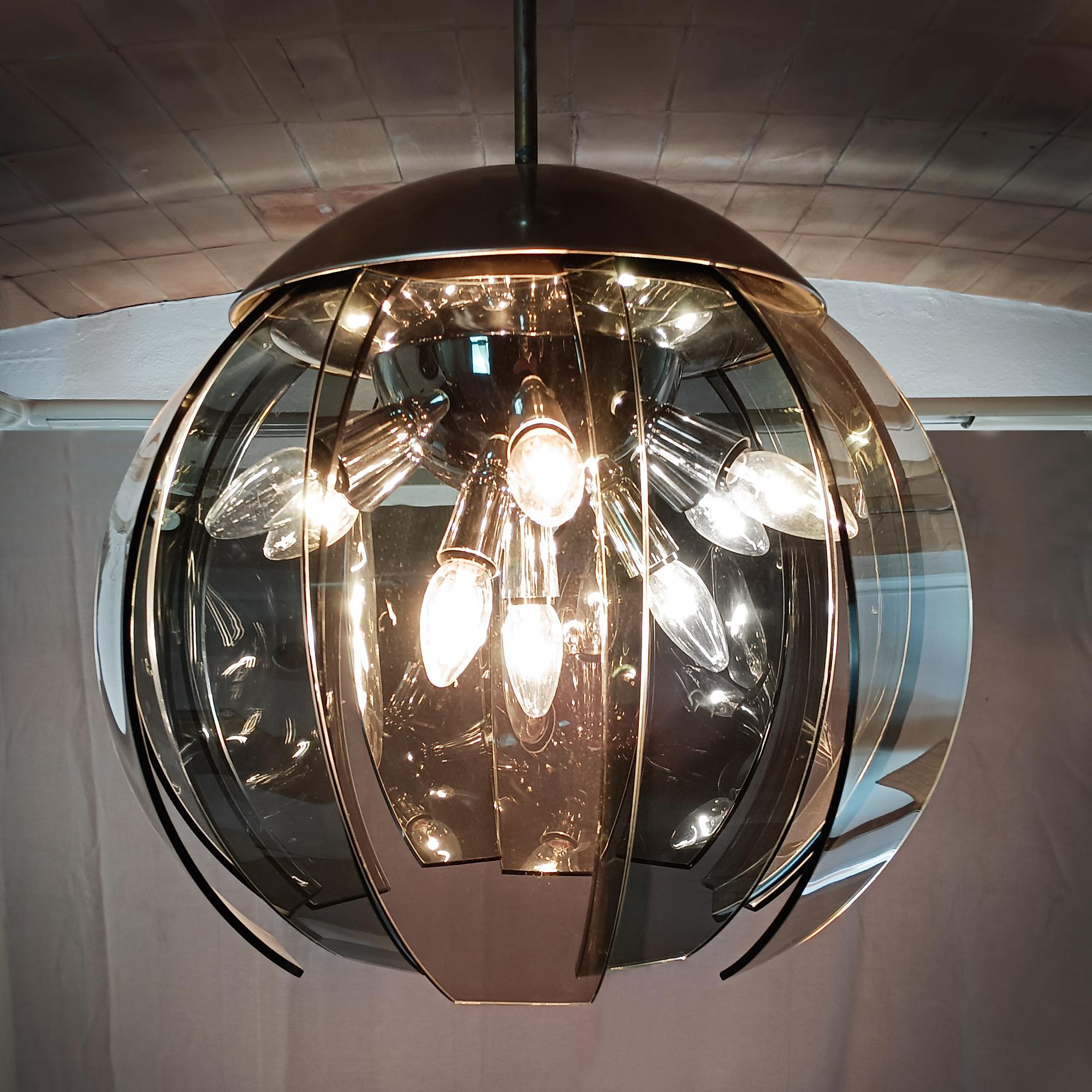 Mid-Century Modern Chandelier-Lantern with 12 Curved Glass Plates - Italy In Good Condition For Sale In Girona, ES