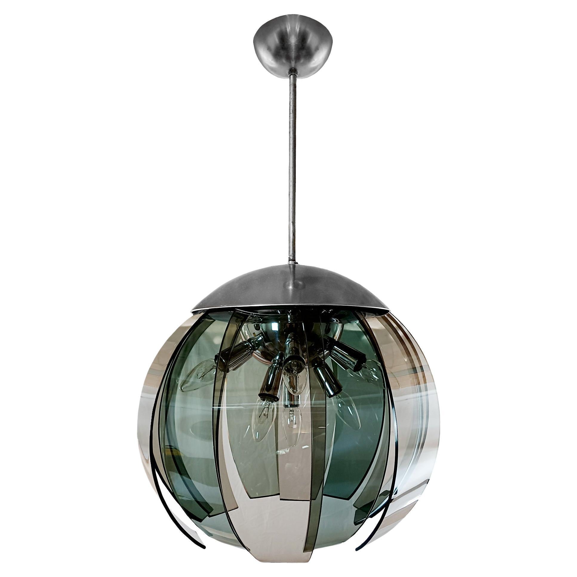 Lampadario-Lanterna moderno di metà secolo con 12 piastre di vetro ricurve - Italia in vendita