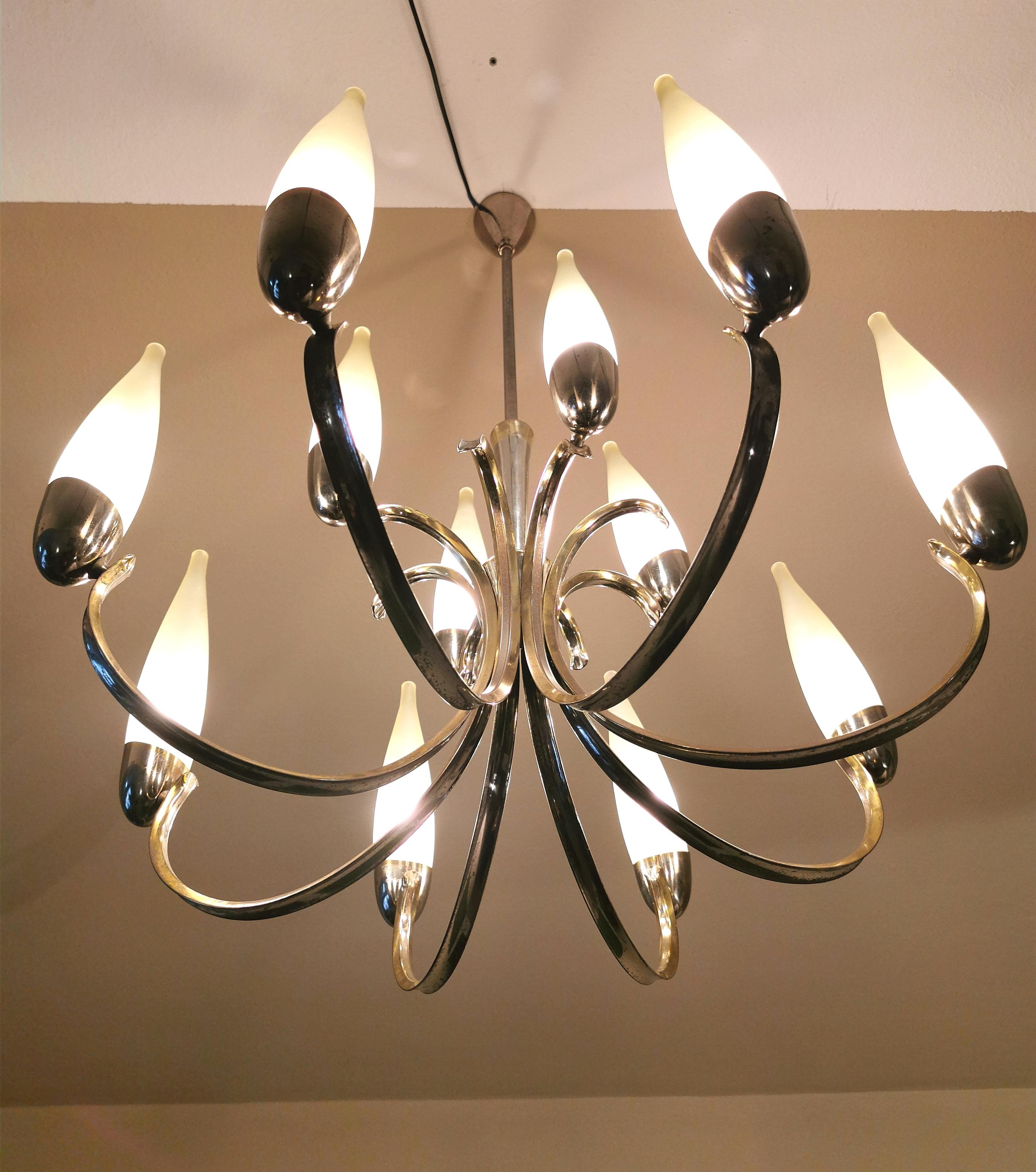 Mid Century Modern Chandelier Style Stilnovo Glass Brass Design Italy 1960s For Sale 5