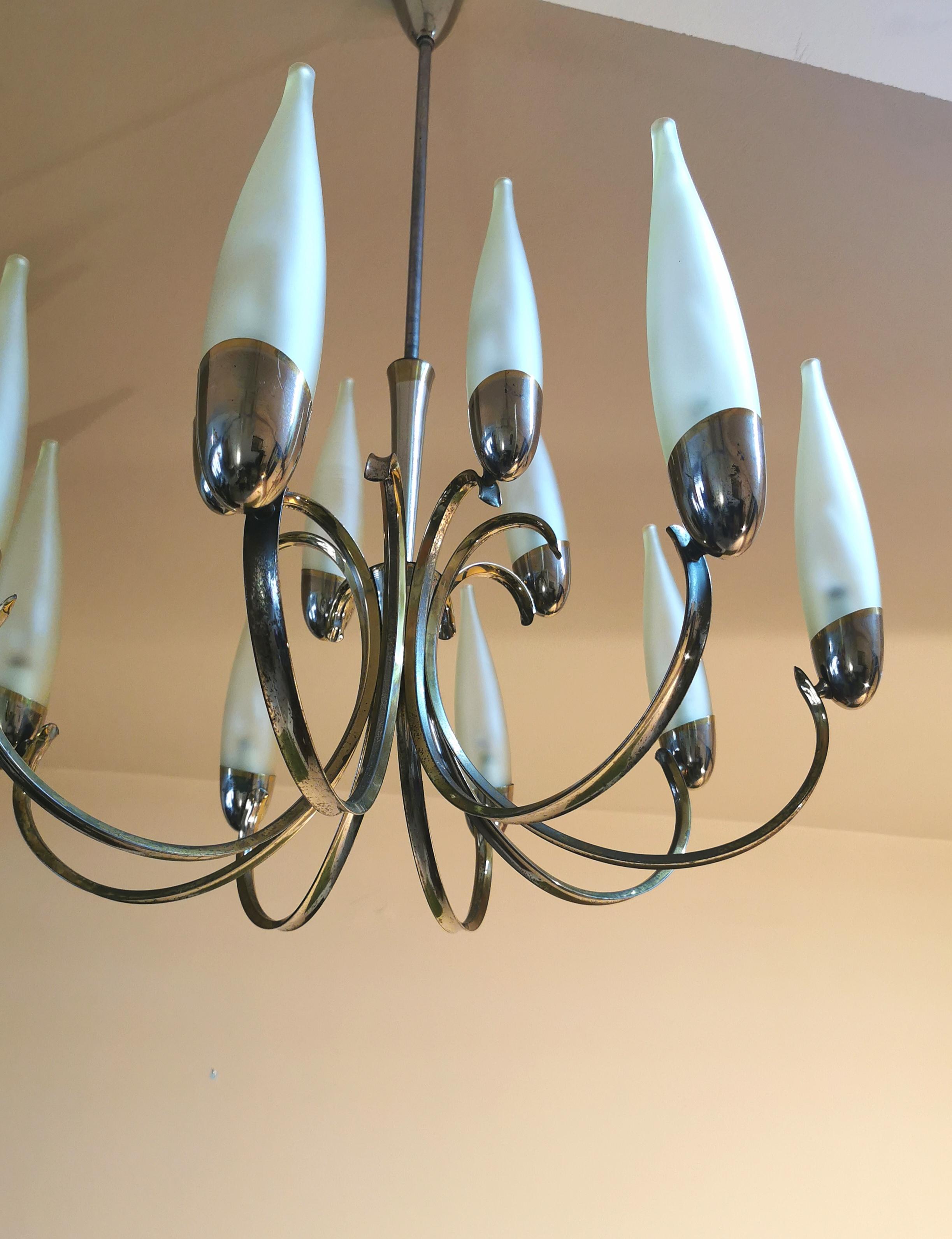 Mid Century Modern Chandelier Style Stilnovo Glass Brass Design Italy 1960s For Sale 6