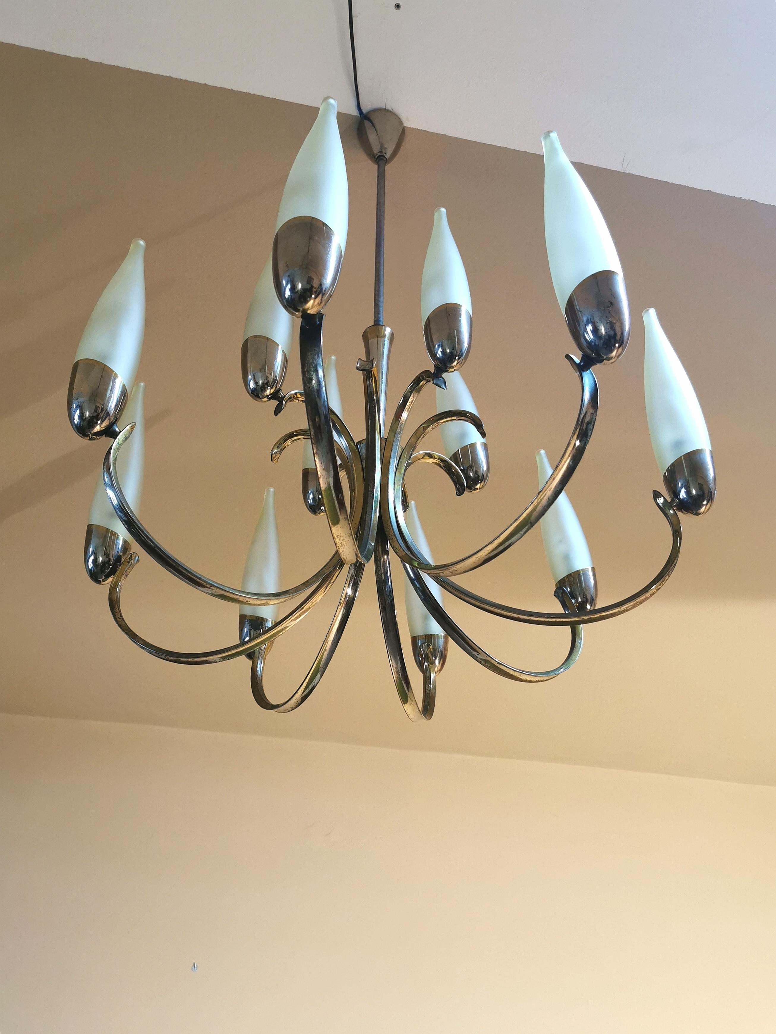 Mid Century Modern Chandelier Style Stilnovo Glass Brass Design Italy 1960s For Sale 7