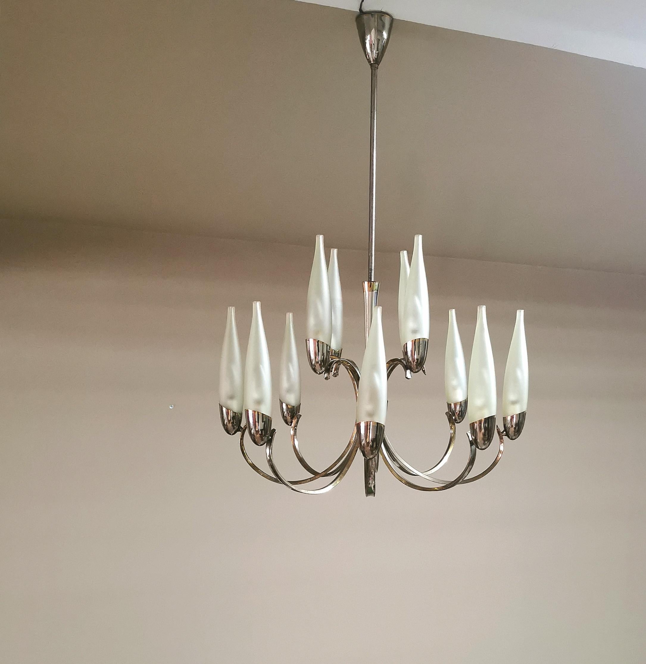 Mid Century Modern Chandelier Style Stilnovo Glass Brass Design Italy 1960s For Sale 10