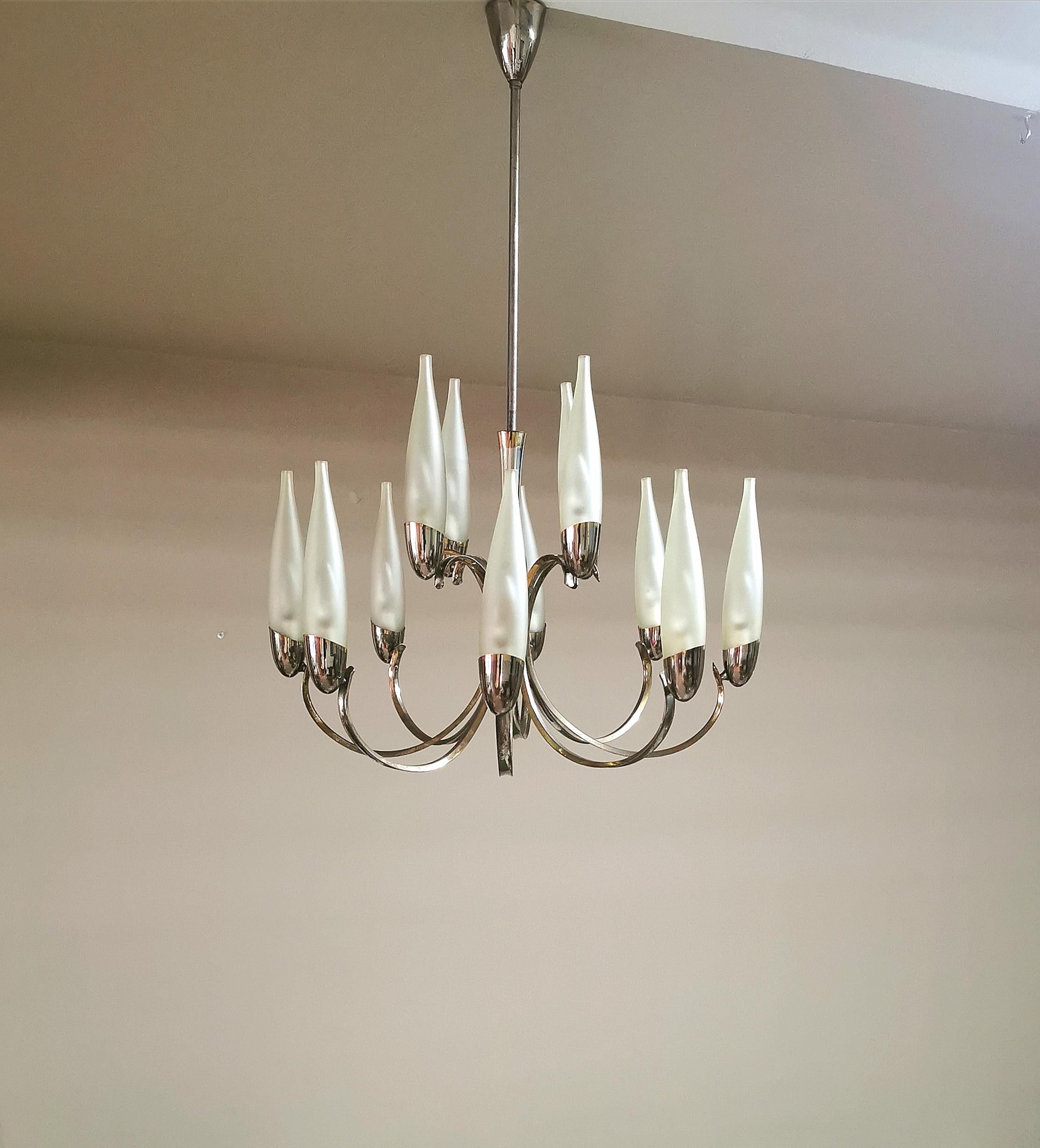 Mid Century Modern Chandelier Style Stilnovo Glass Brass Design Italy 1960s For Sale 11