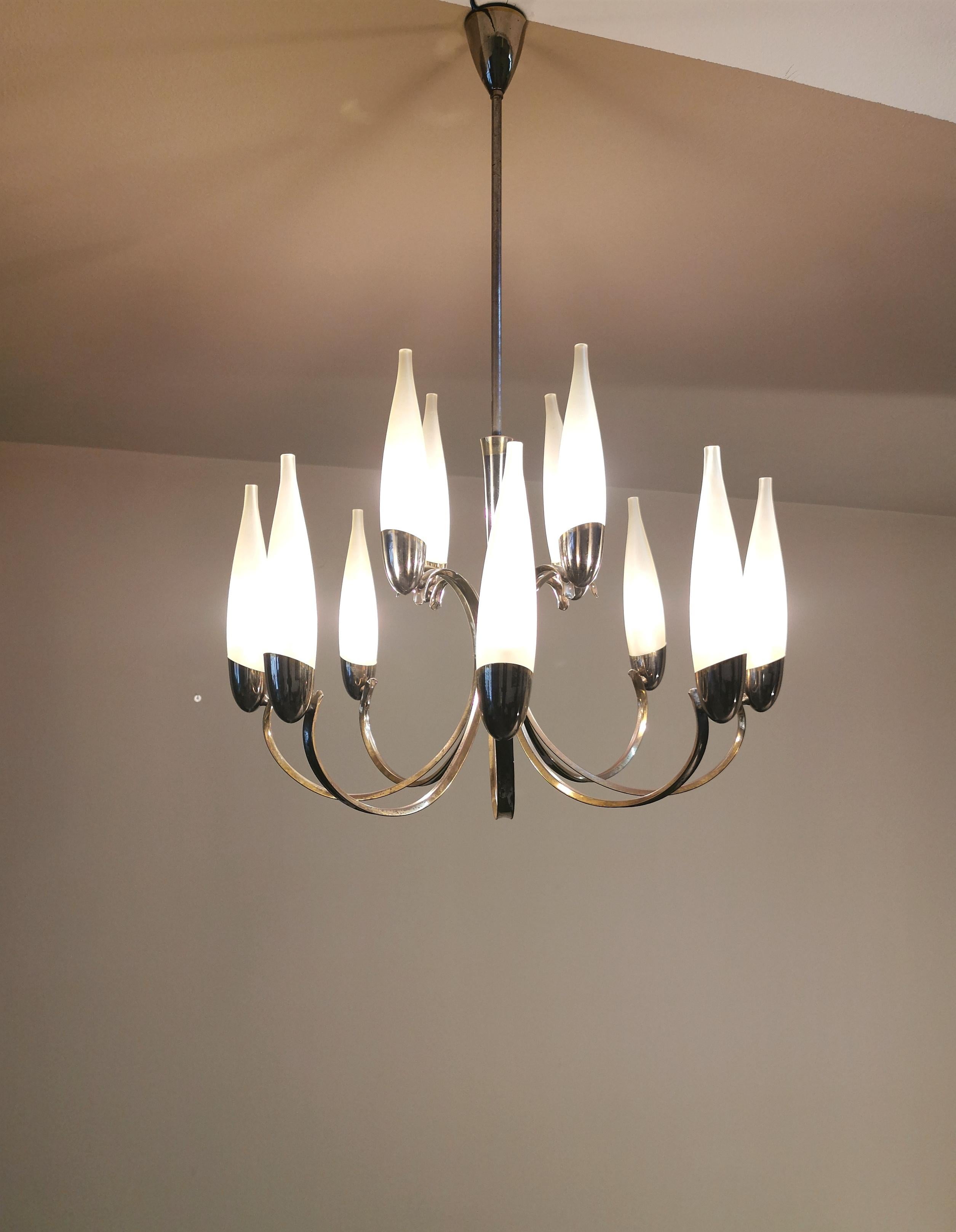 Italian Mid Century Modern Chandelier Style Stilnovo Glass Brass Design Italy 1960s For Sale