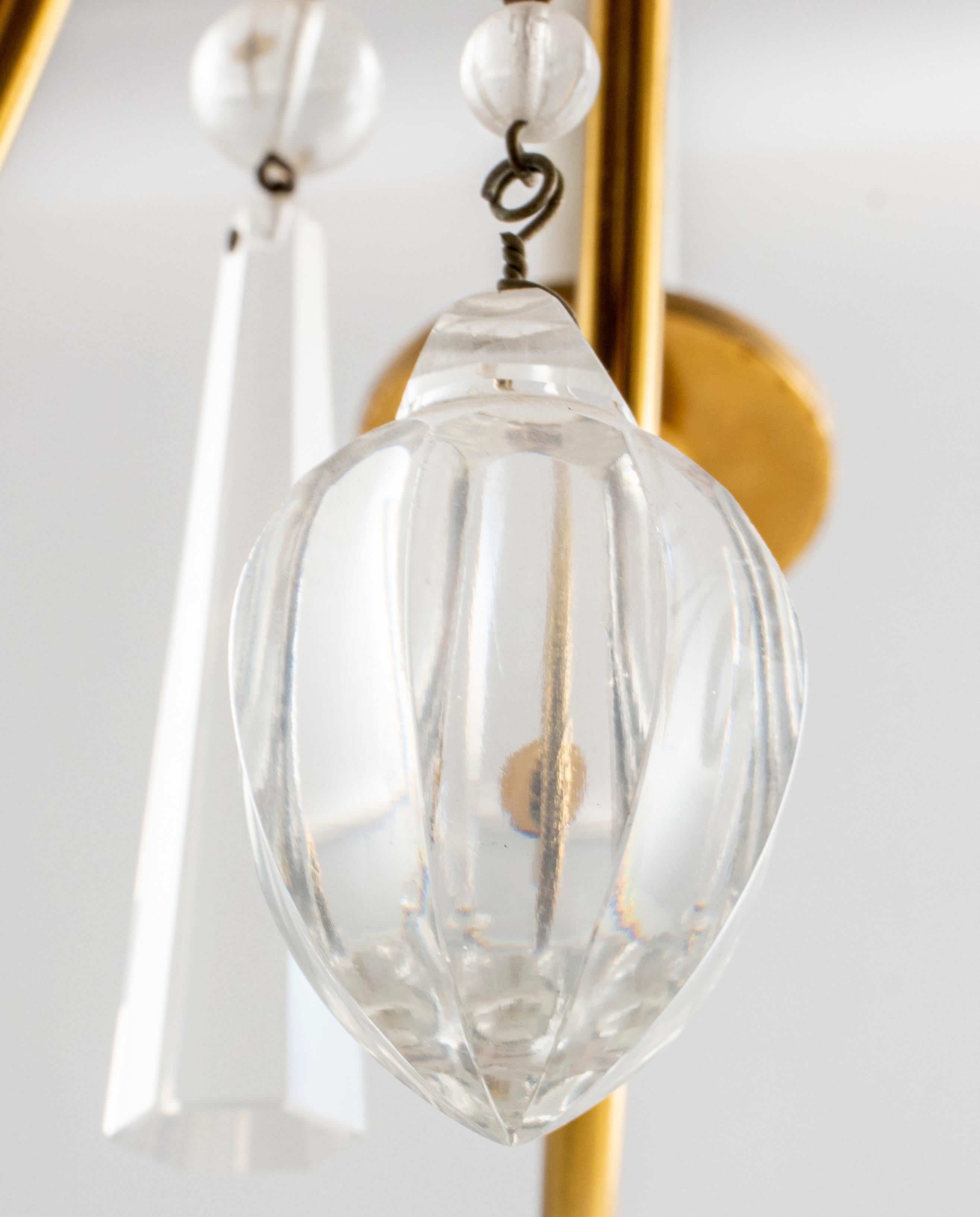 Brass Mid-Century Modern Chandelier w Crystal Pendants For Sale