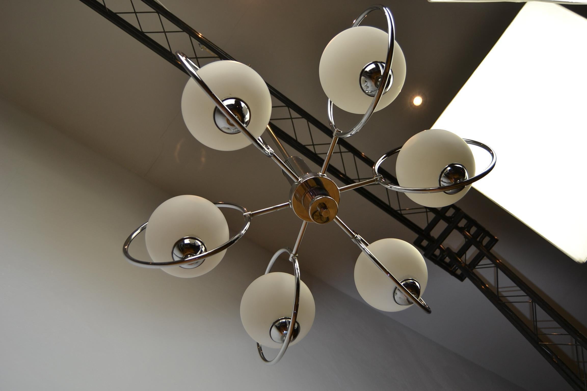 Mid-Century Modern Chandelier with Chrome Ring and Opaline Glass, 1970s, Europe 5