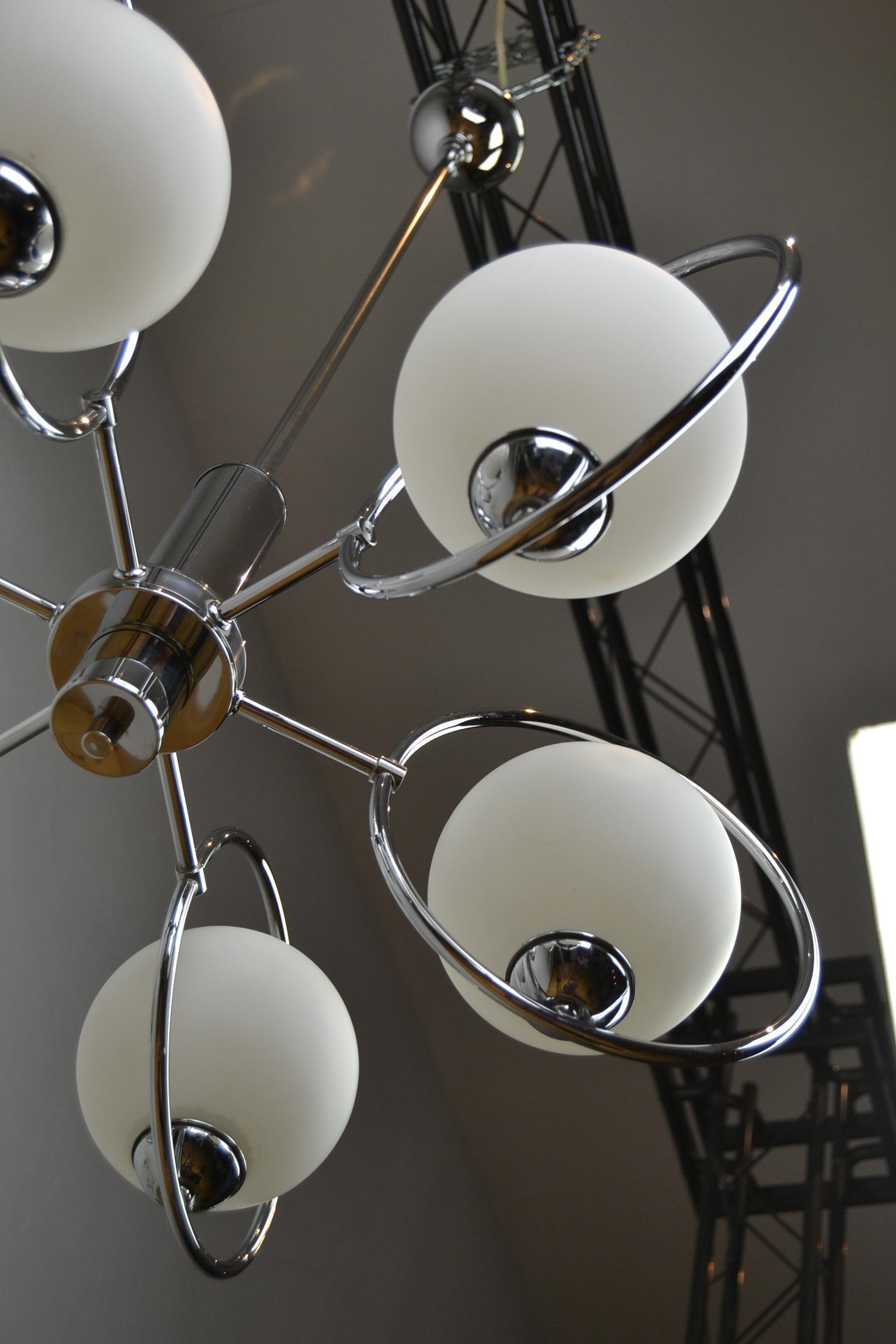 Mid-Century Modern Chandelier with Chrome Ring and Opaline Glass, 1970s, Europe 6