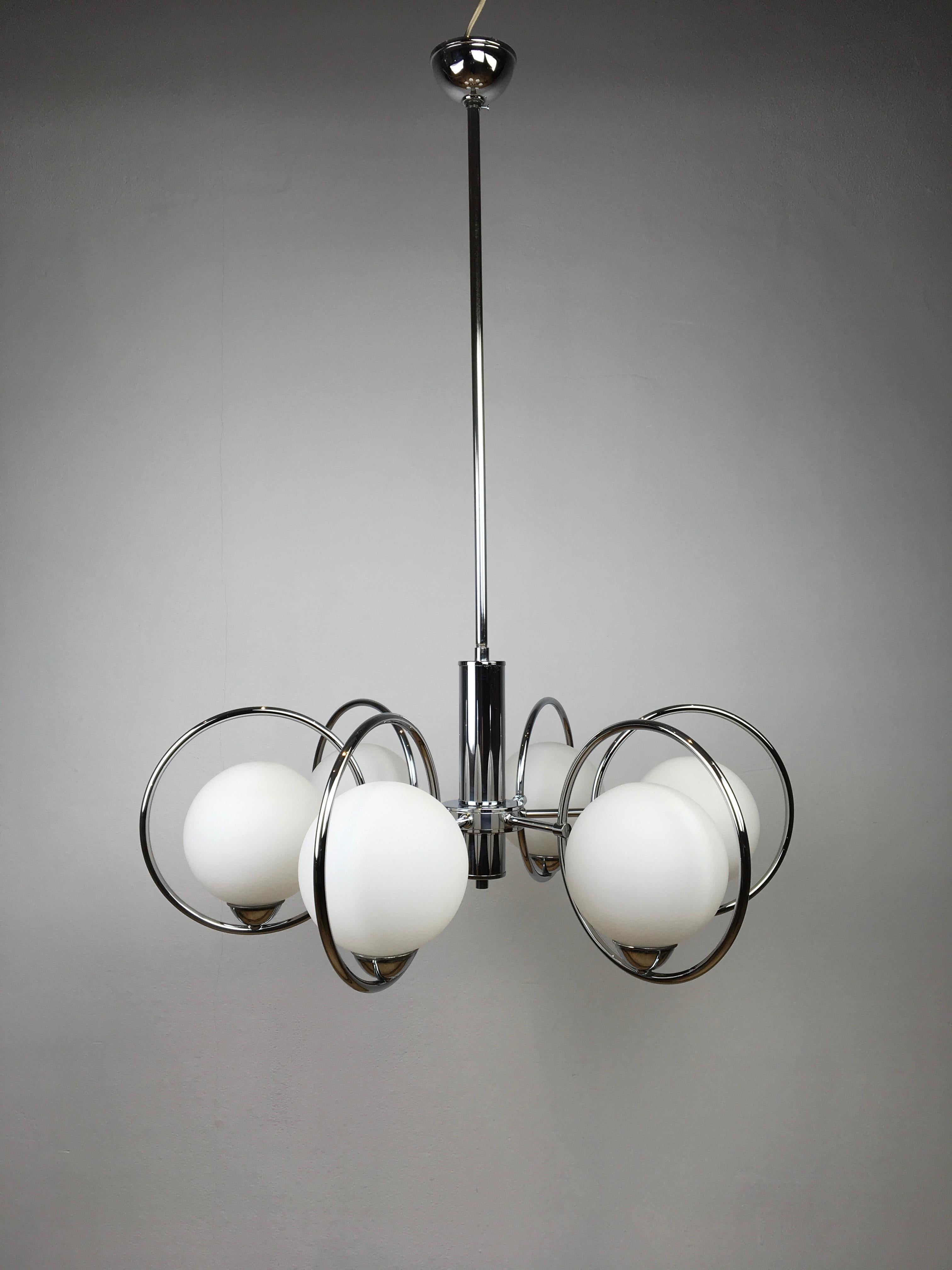 Mid-Century Modern Chandelier with Chrome Ring and Opaline Glass, 1970s, Europe 9