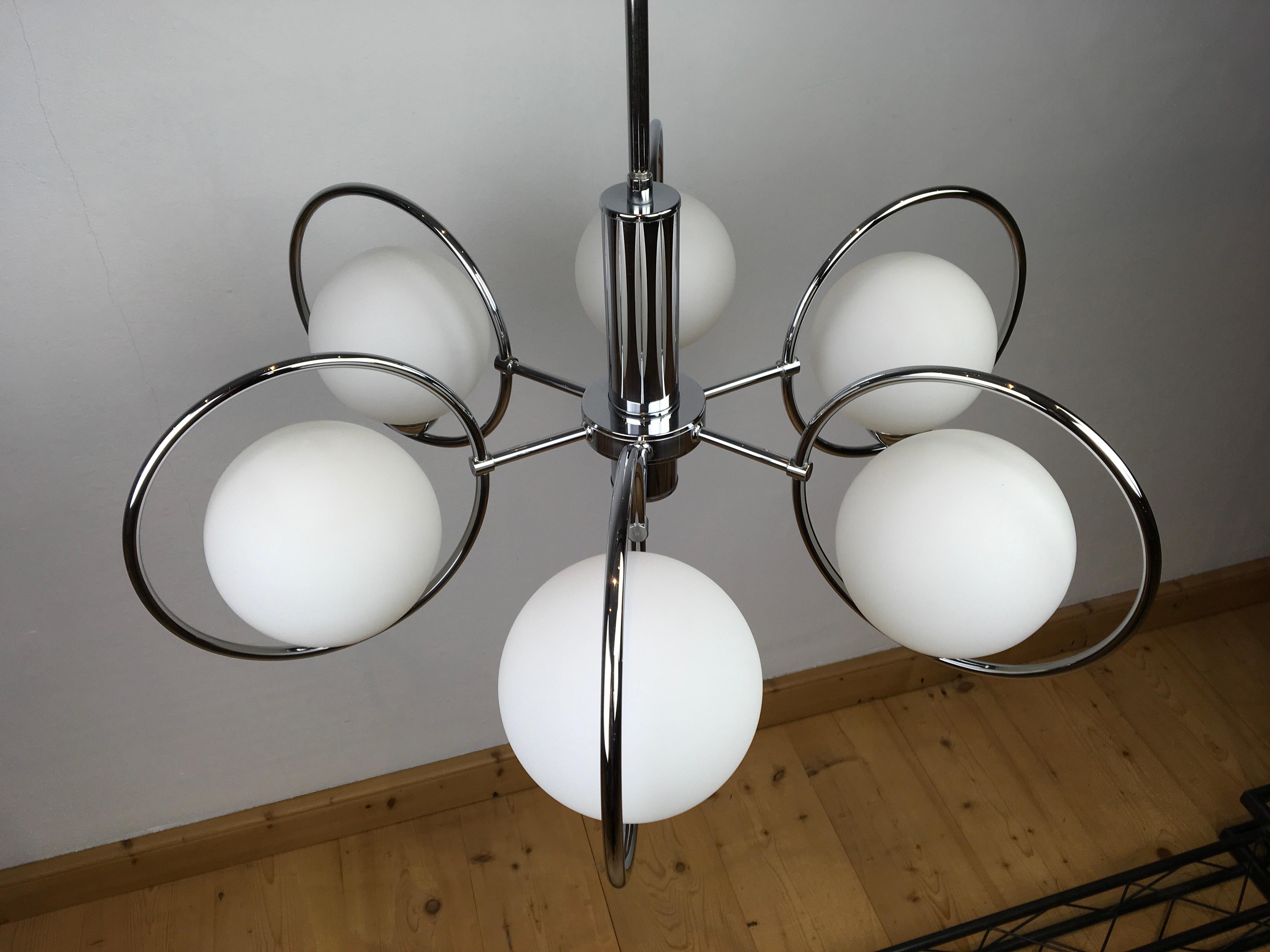 Mid-Century Modern Chandelier with Chrome Ring and Opaline Glass, 1970s, Europe In Good Condition In Antwerp, BE