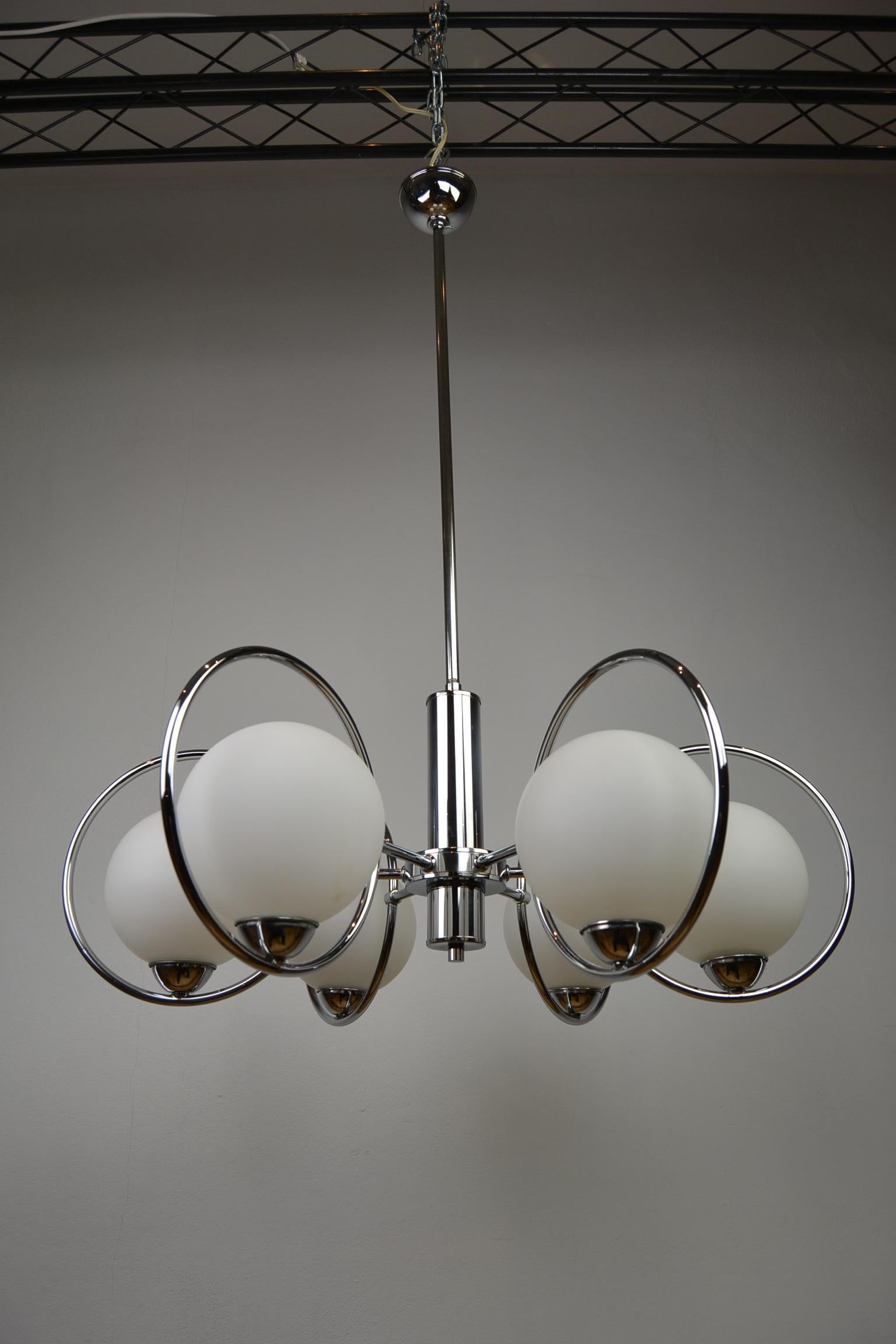 Mid-Century Modern Chandelier with Chrome Ring and Opaline Glass, 1970s, Europe 1
