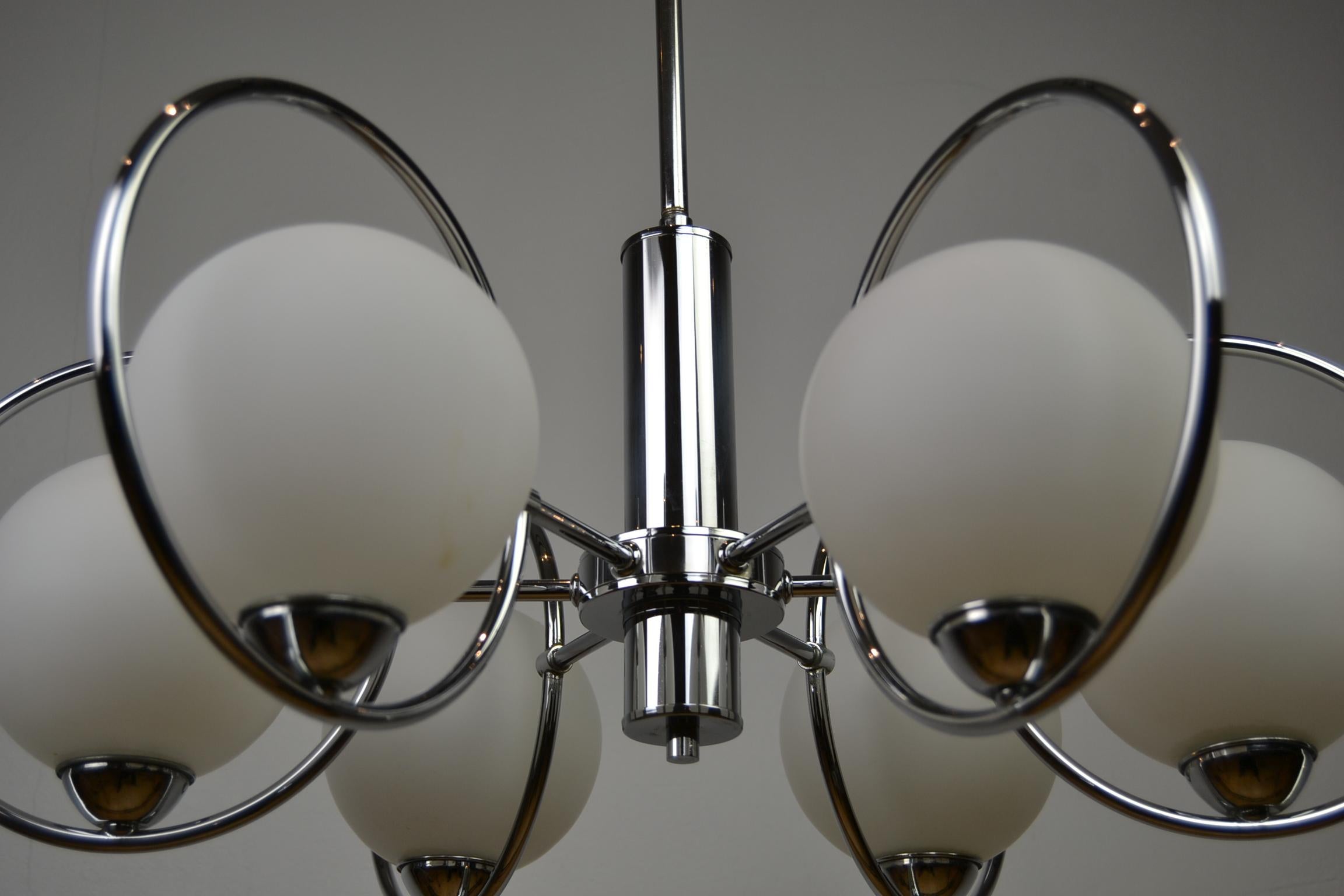 Mid-Century Modern Chandelier with Chrome Ring and Opaline Glass, 1970s, Europe 2