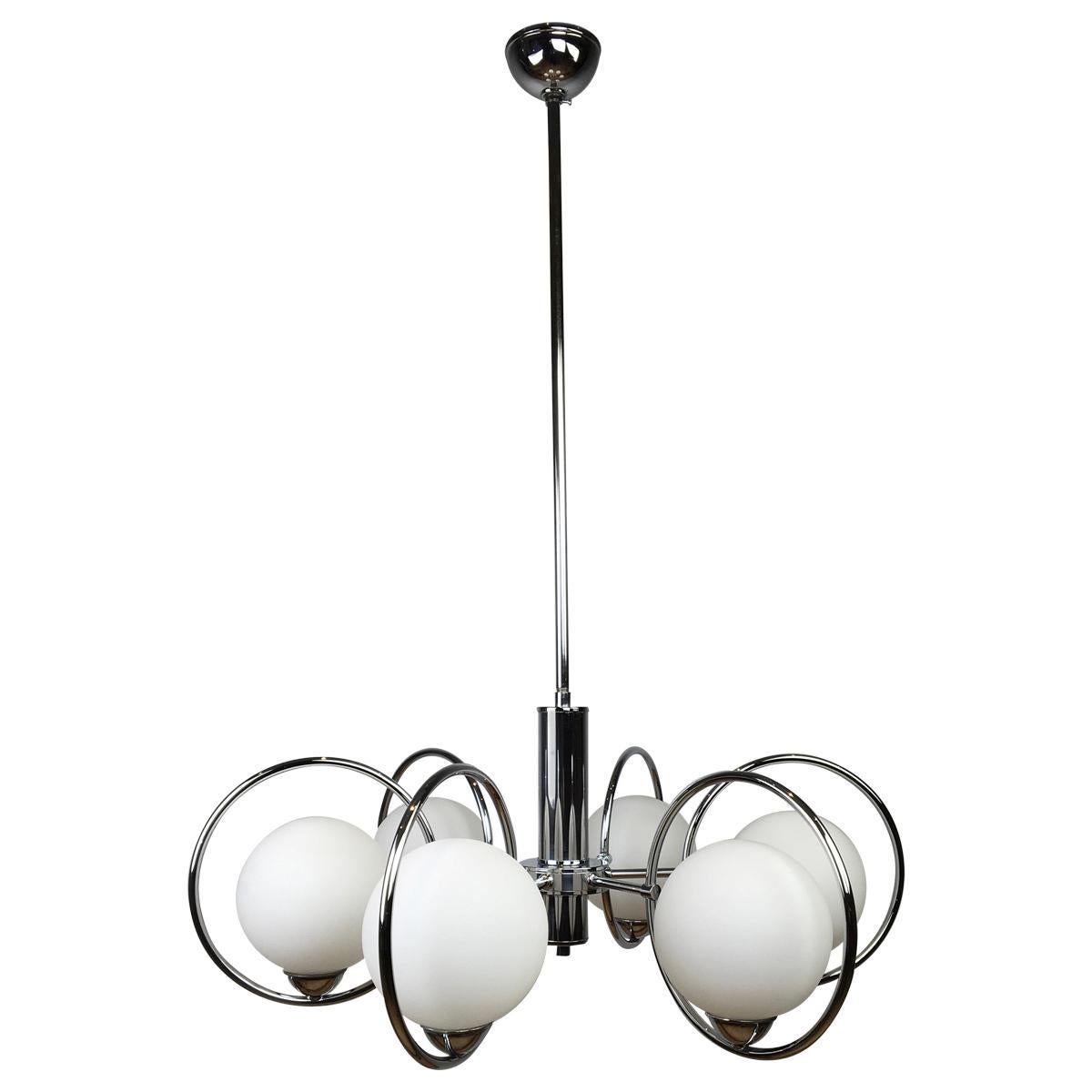 Mid-Century Modern Chandelier with Chrome Ring and Opaline Glass, 1970s, Europe