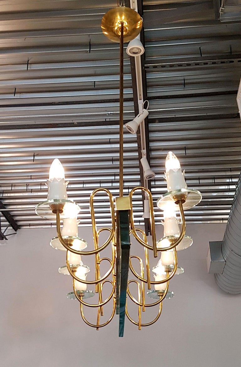 MidCentury Modern Chandelier with Light Green Glass and Brass