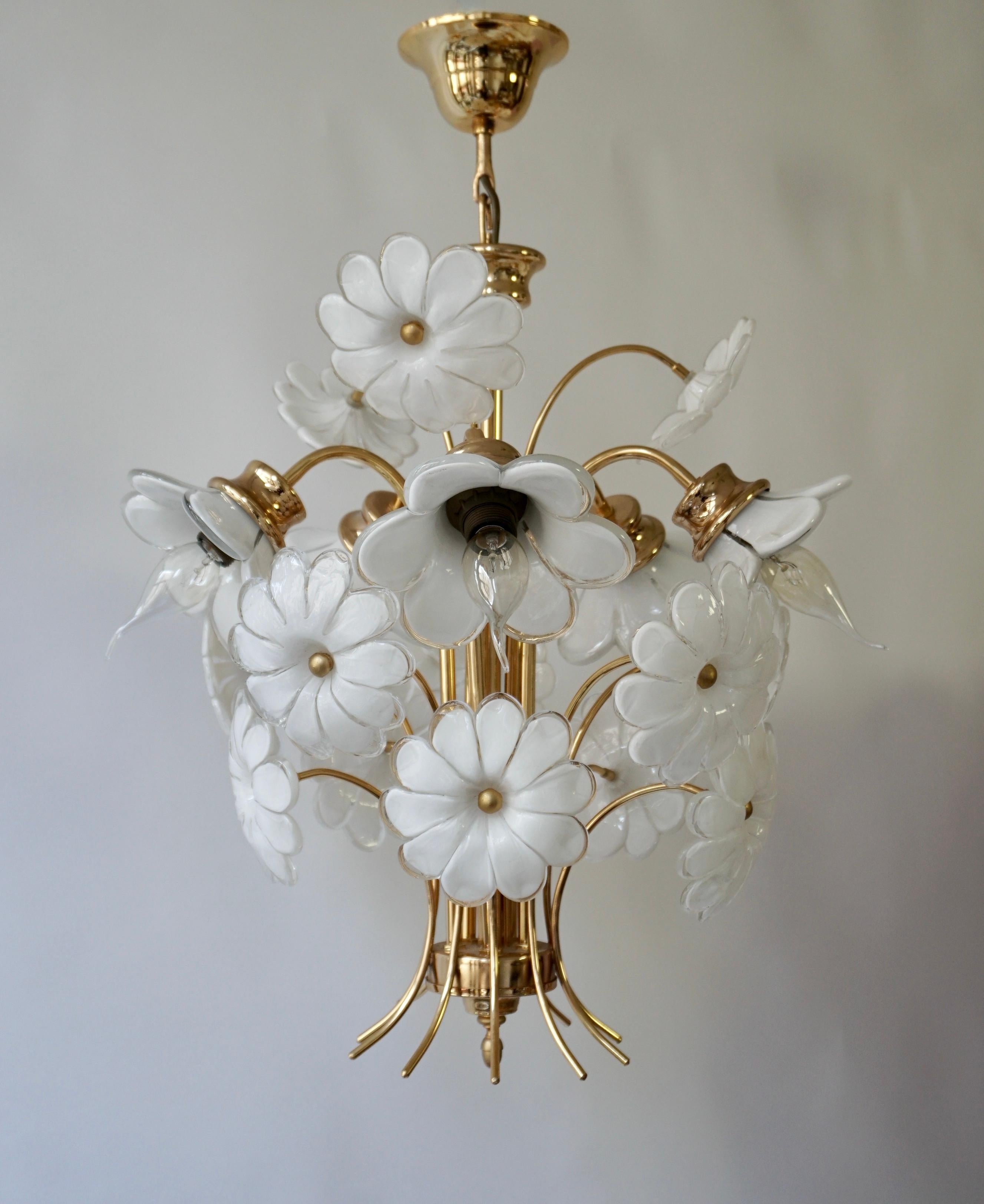 Hollywood Regency Mid-Century Modern Chandelier with Murano Glass Flowers For Sale