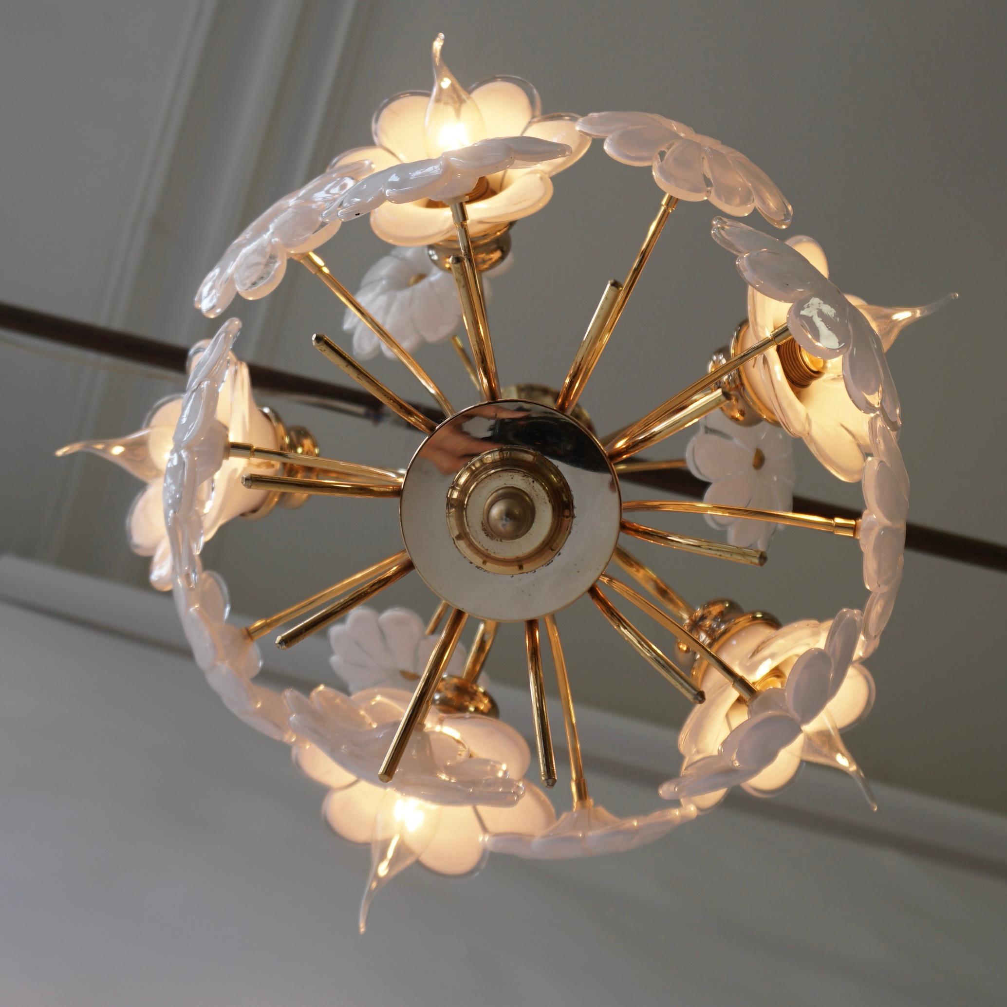 Brass Mid-Century Modern Chandelier with Murano Glass Flowers For Sale