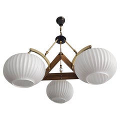 Mid Century Modern Chandelier with Ribbed Opaline Glass shades, Denmark 1960s