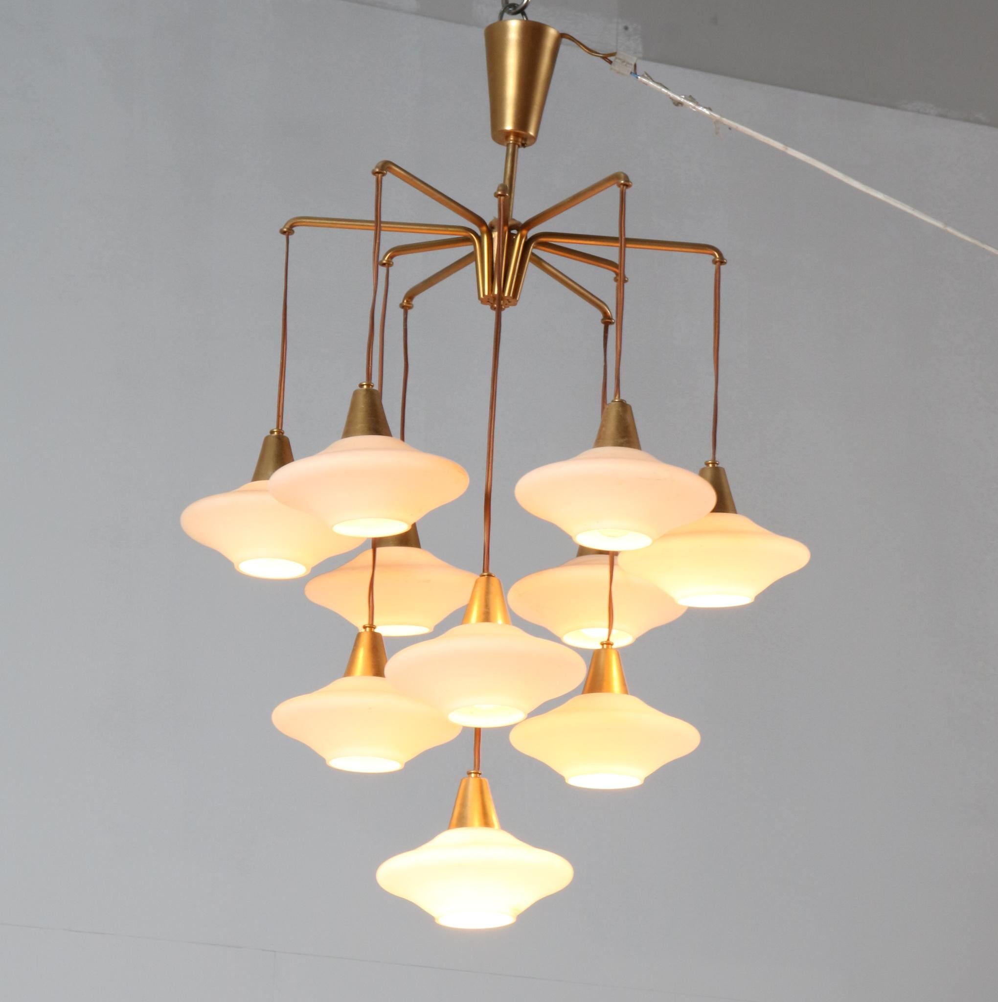 Mid-20th Century Mid-Century Modern Chandelier with Ten Milk Glass Shades, 1960s For Sale