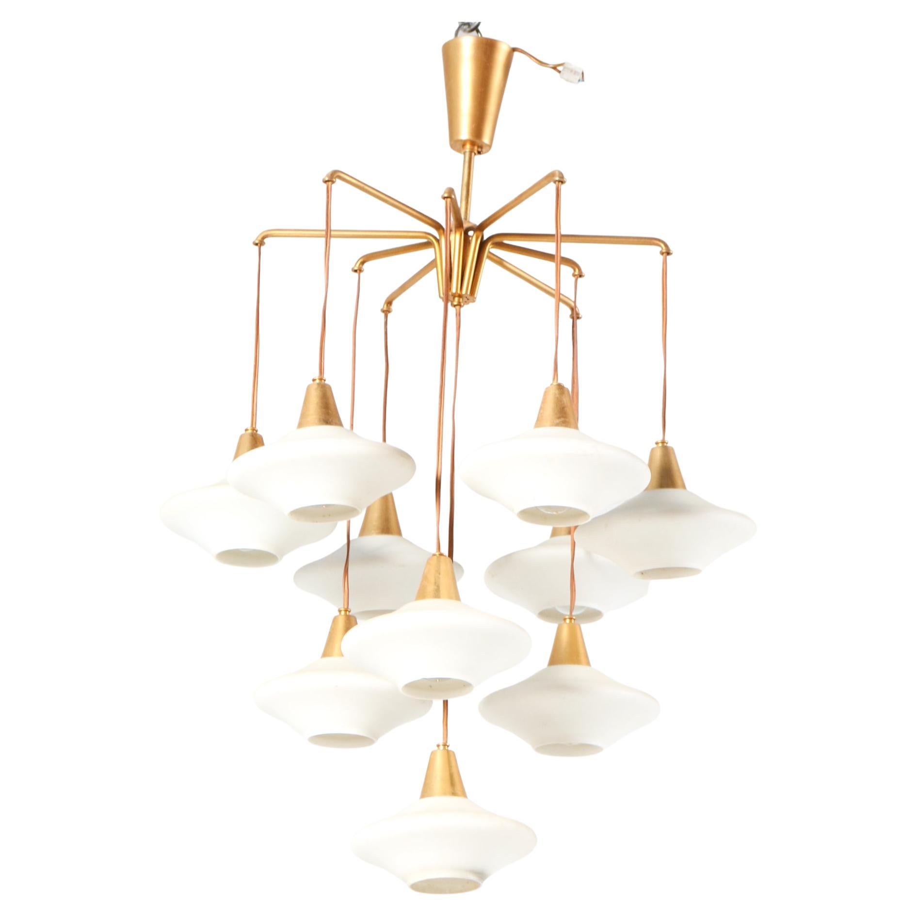 Mid-Century Modern Chandelier with Ten Milk Glass Shades, 1960s For Sale