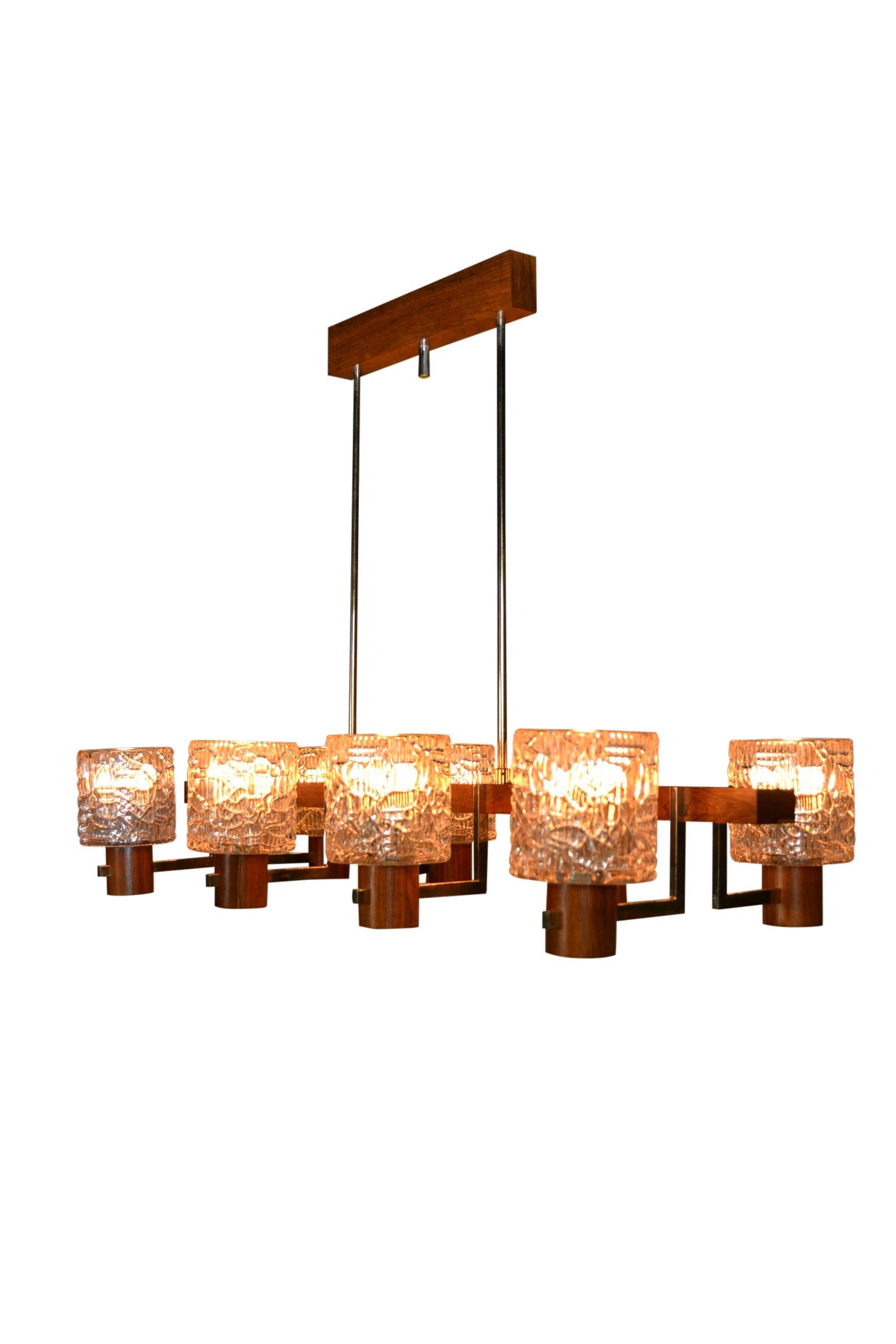 Scandinavian Style 8 light Chandelier of Wood, Chrome and Art Glass For Sale 7