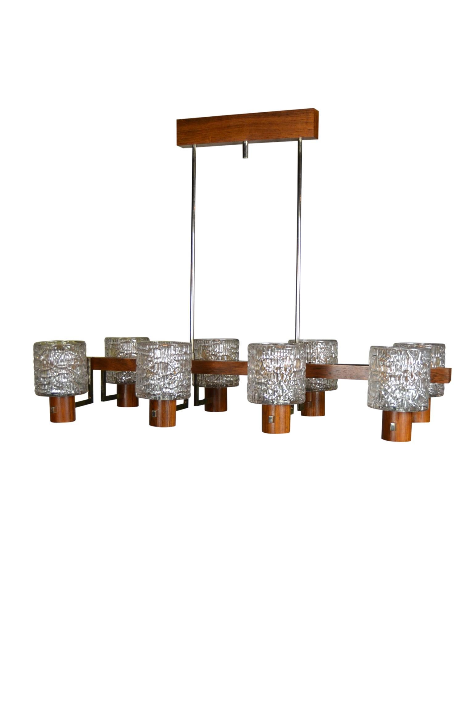 Scandinavian Style 8 light Chandelier of Wood, Chrome and Art Glass For Sale 8