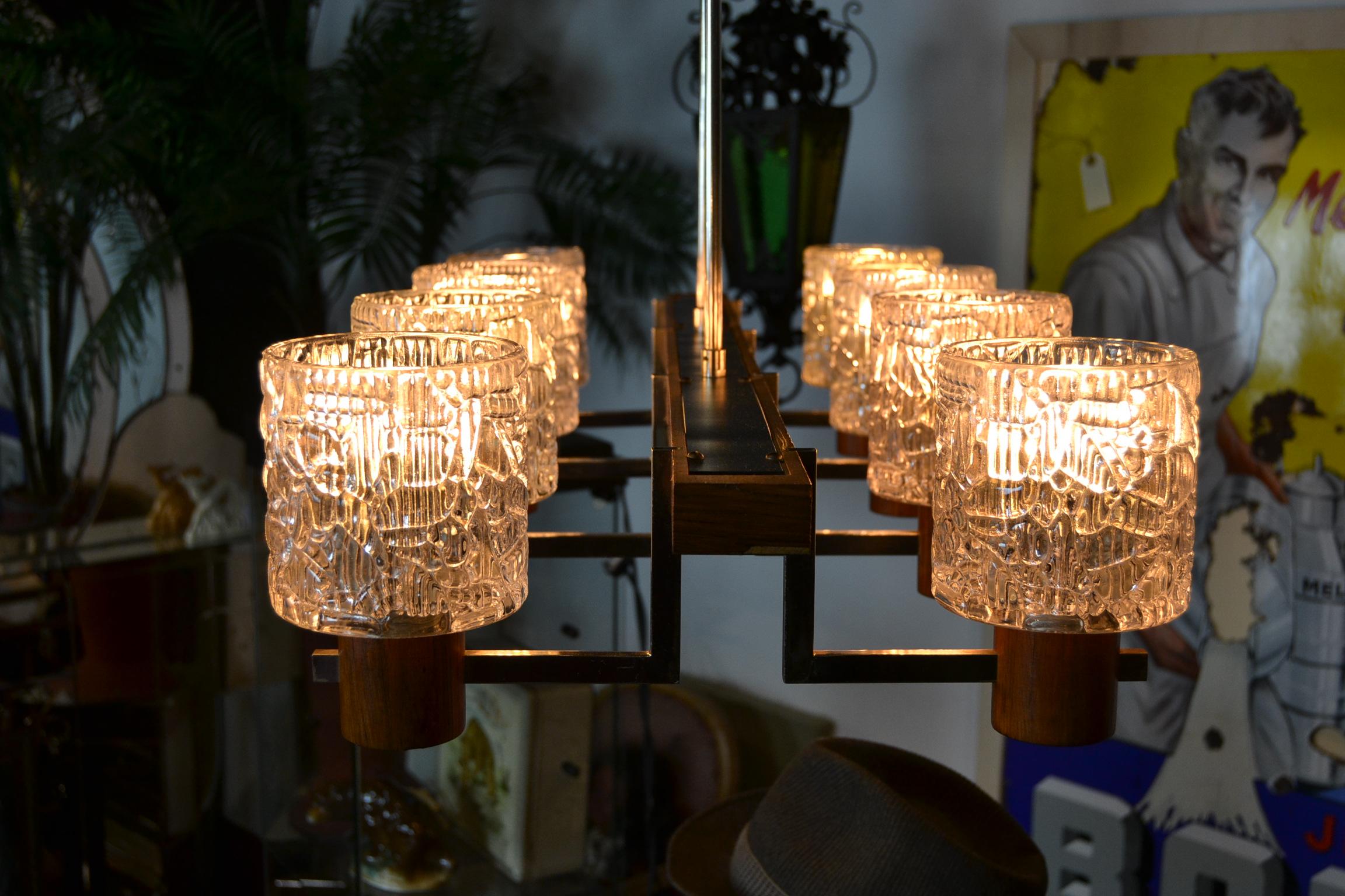 Veneer Scandinavian Style 8 light Chandelier of Wood, Chrome and Art Glass For Sale