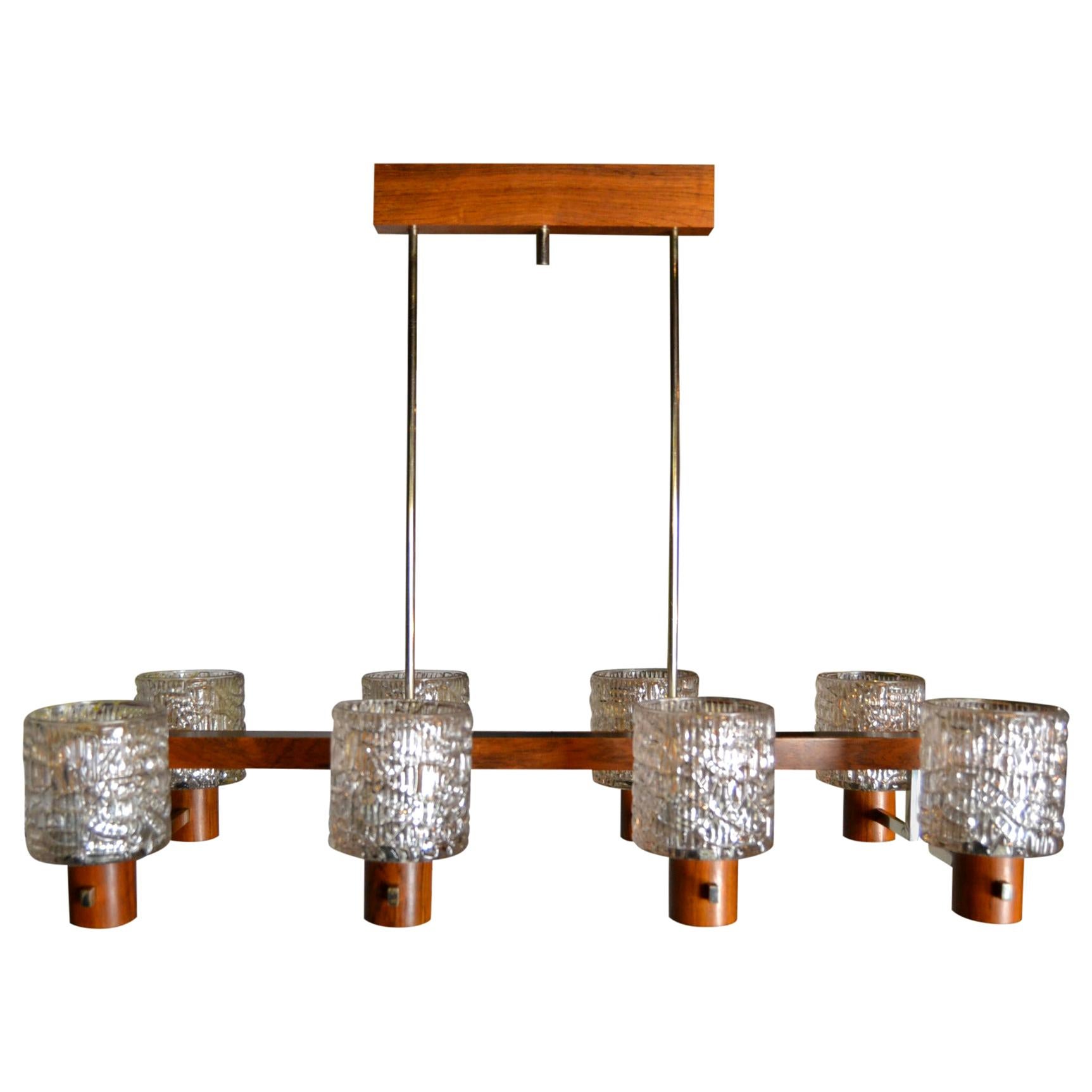 Scandinavian Style 8 light Chandelier of Wood, Chrome and Art Glass