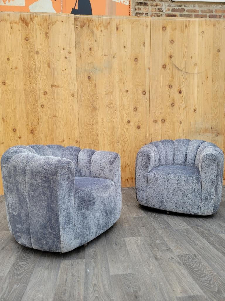 Mid Century Modern Channel-Back Swivel Lounge Chairs Newly Upholstered  For Sale 2