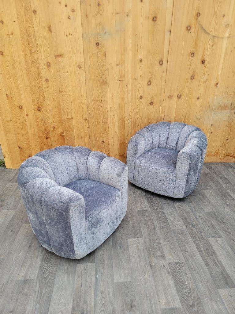 Mid Century Modern Channel-Back Swivel Lounge Chairs Newly Upholstered  For Sale 3