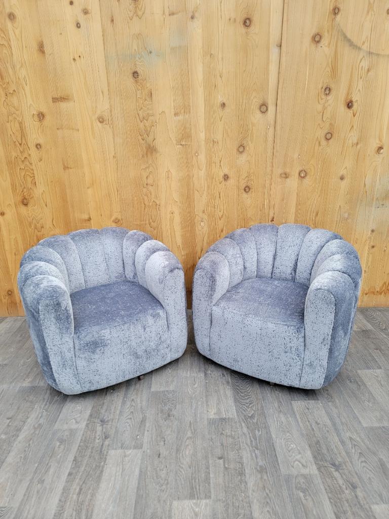 Mid Century Modern Channel-Back Swivel Lounge Chairs Newly Upholstered in 