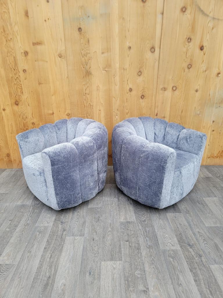 Mid-Century Modern Mid Century Modern Channel-Back Swivel Lounge Chairs Newly Upholstered  For Sale