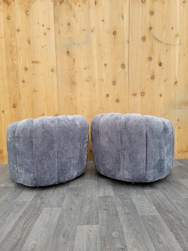 Hand-Crafted Mid Century Modern Channel-Back Swivel Lounge Chairs Newly Upholstered  For Sale