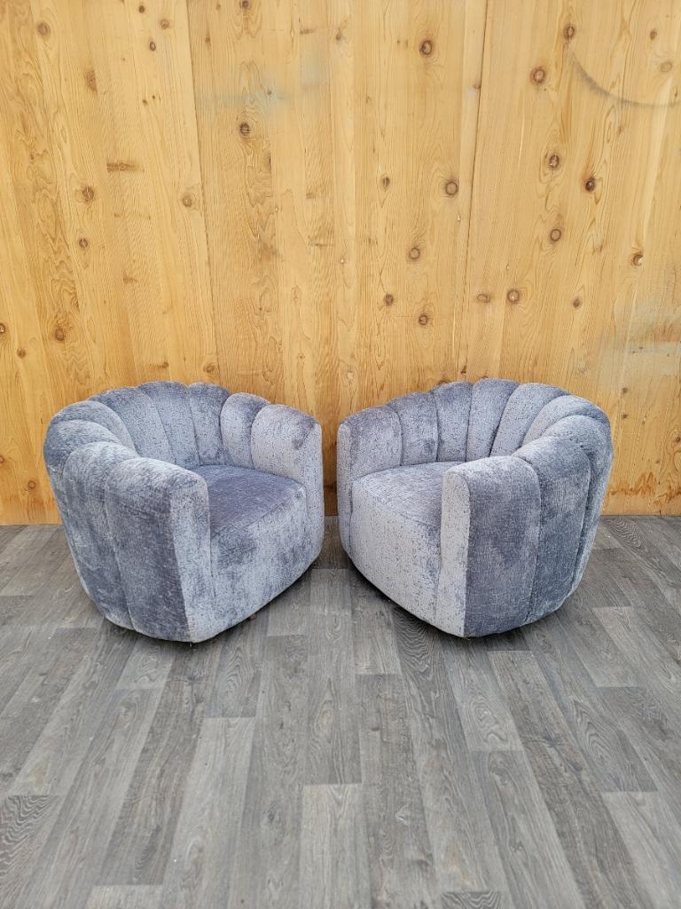 Mid Century Modern Channel-Back Swivel Lounge Chairs Newly Upholstered  In Good Condition For Sale In Chicago, IL