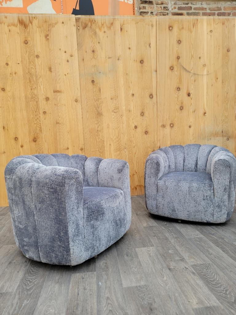 Bouclé Mid Century Modern Channel-Back Swivel Lounge Chairs Newly Upholstered  For Sale