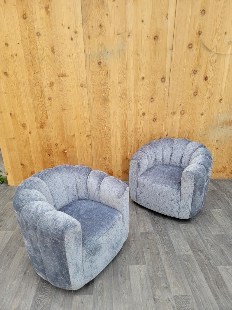 Mid Century Modern Channel-Back Swivel Lounge Chairs Newly Upholstered  For Sale 1