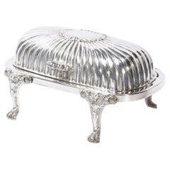 Vintage Mid-Century Modern Channeled Neoclassical Style Silverplate Butter Dish