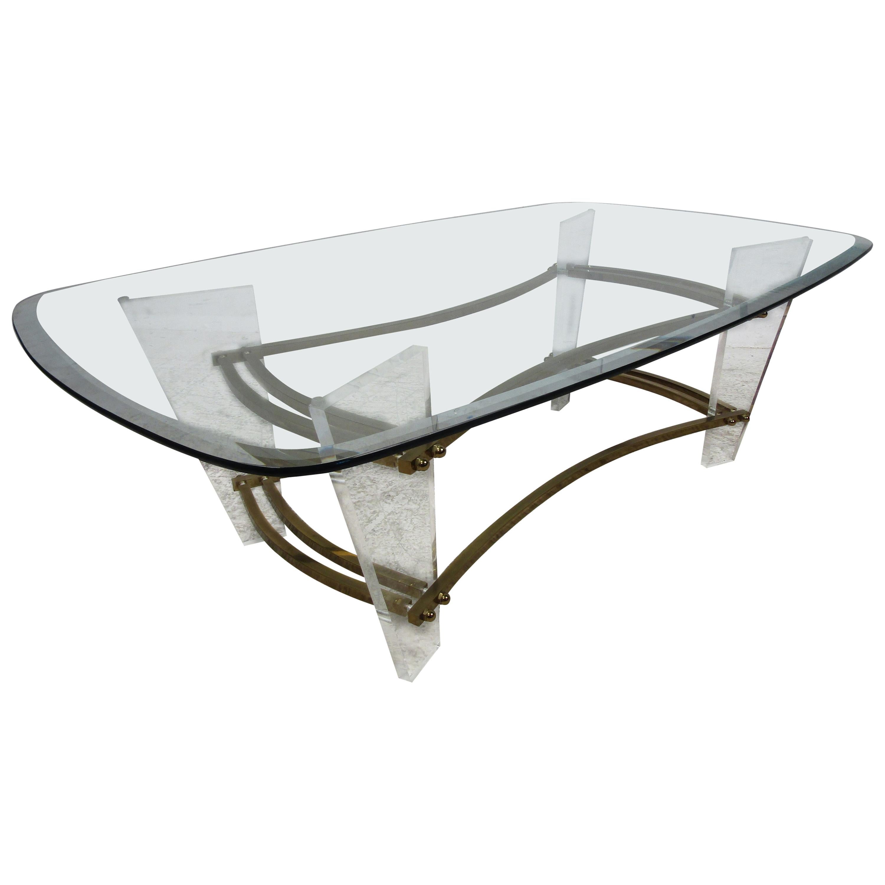 Charles Hollis Jones MidCentury Modern Brass and Lucite Round Glass Coffee Table For Sale at