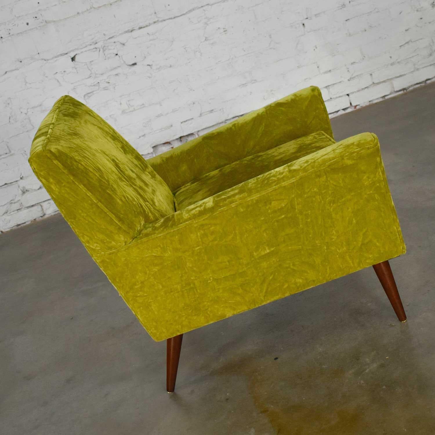 American Mid-Century Modern Chartreuse Crushed Velvet Lounge Club Chair Style Paul McCobb