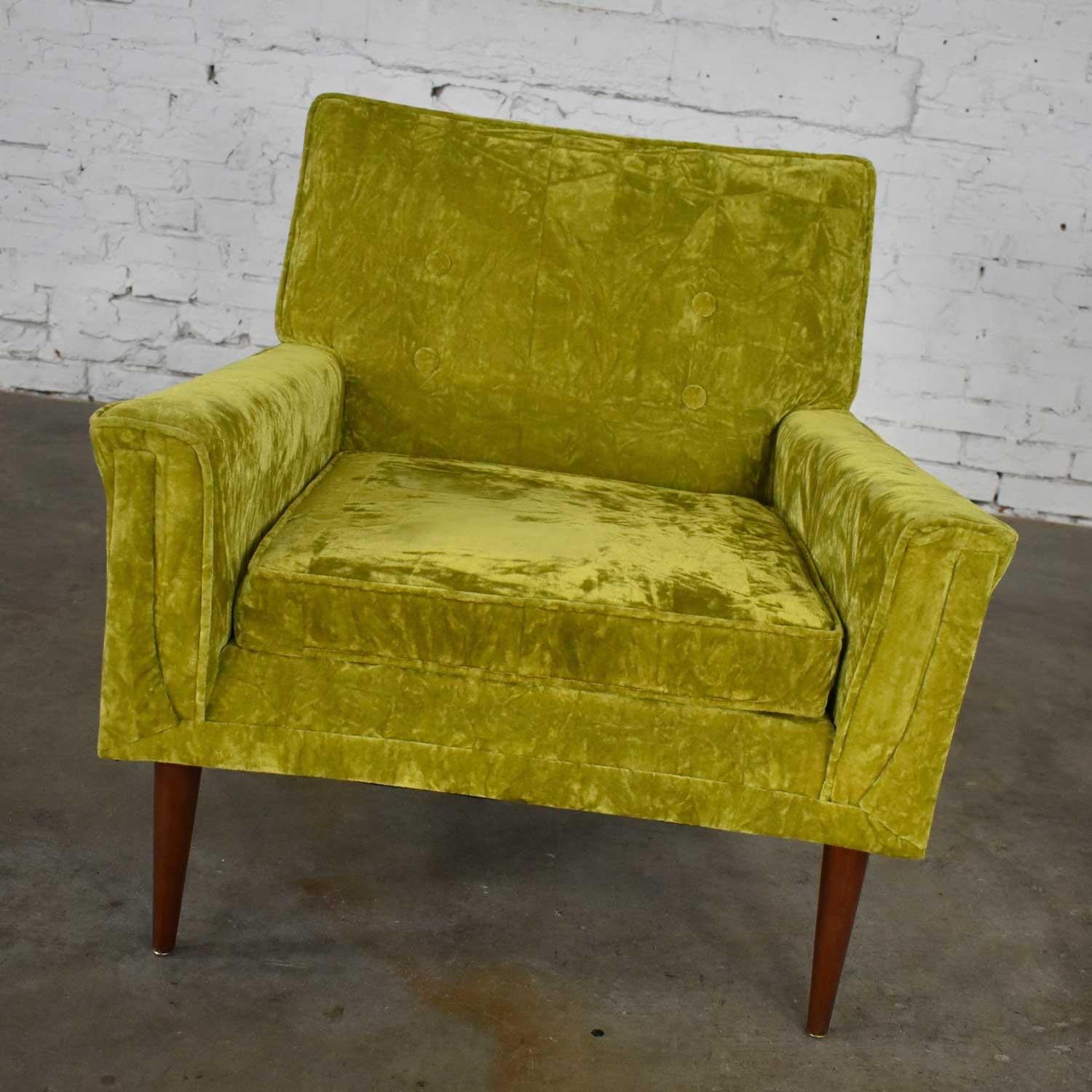 Mid-Century Modern Chartreuse Crushed Velvet Lounge Club Chair Style Paul McCobb 1