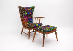 Mid-Century Modern Cherry Armchair and Stool Anna Lülja Praun Josef Frank Fabric