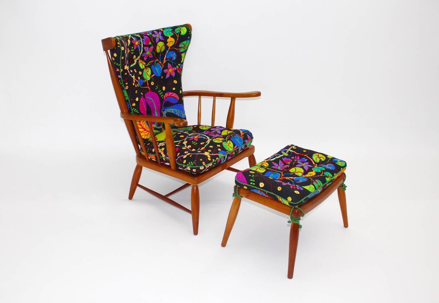 Mid-Century Modern Cherry Armchair and Stool Anna Lülja Praun Josef Frank Fabric For Sale 2