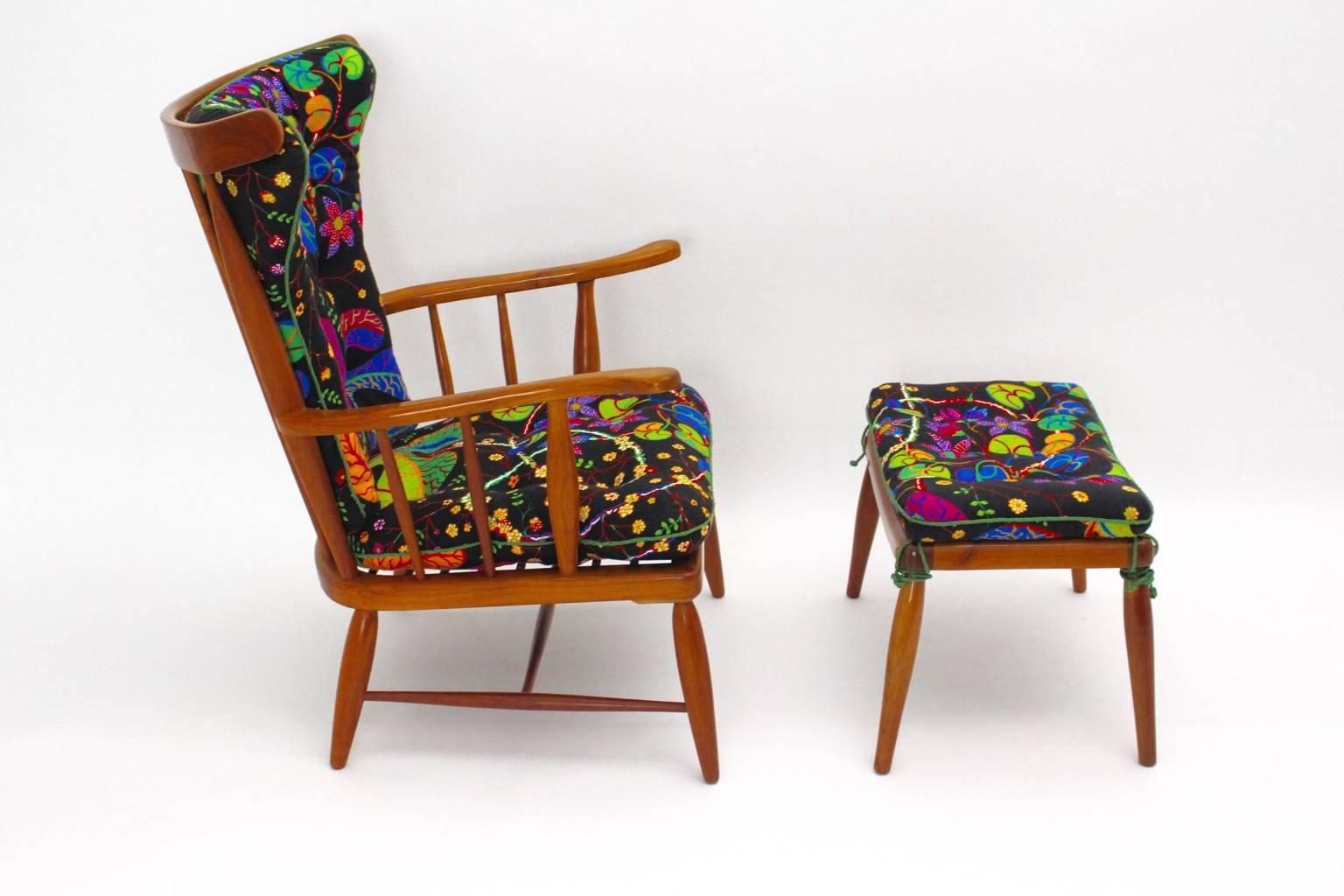 Mid-Century Modern Cherry Armchair and Stool Anna Lülja Praun Josef Frank Fabric For Sale 3