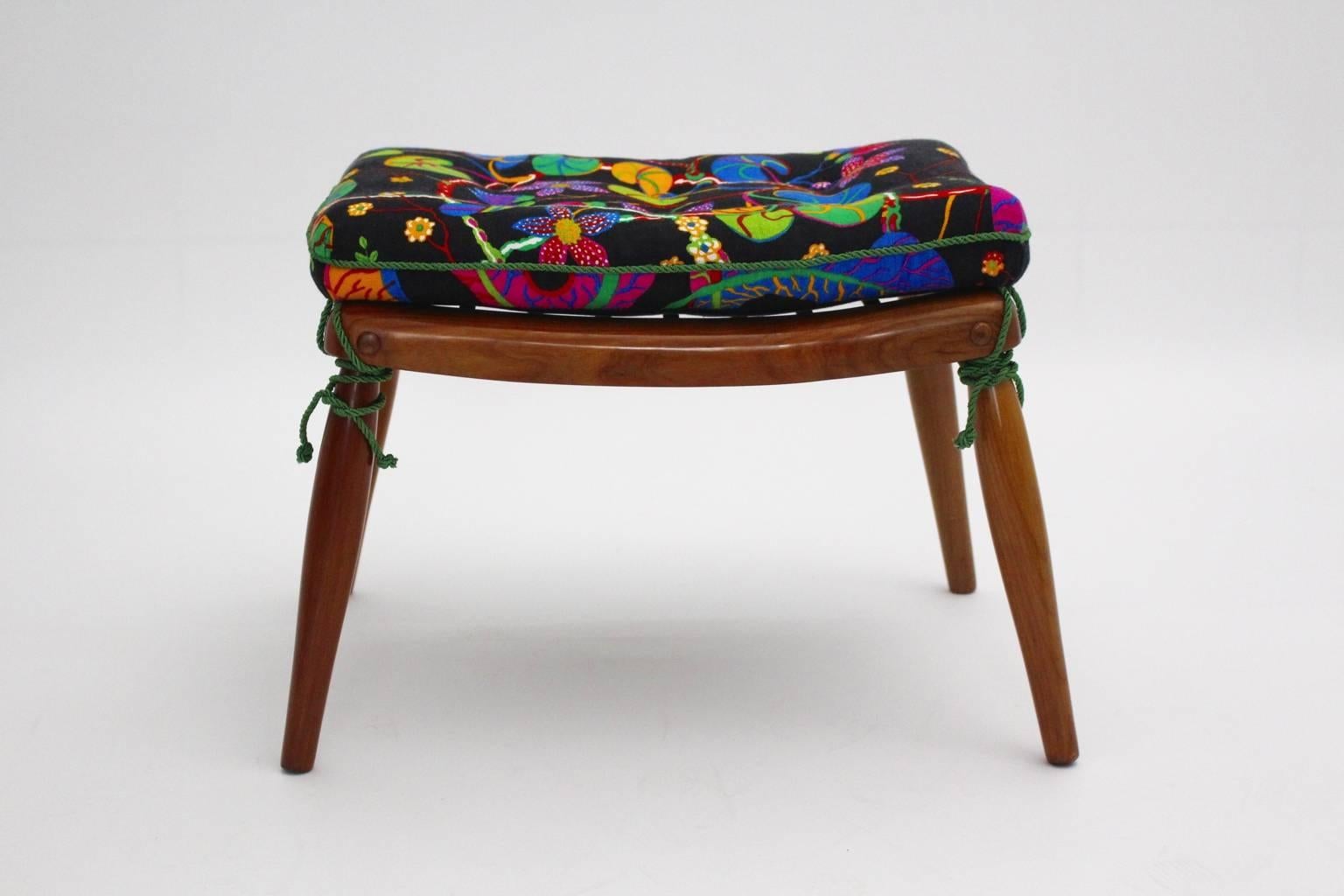 Mid-Century Modern Cherry Armchair and Stool Anna Lülja Praun Josef Frank Fabric For Sale 4