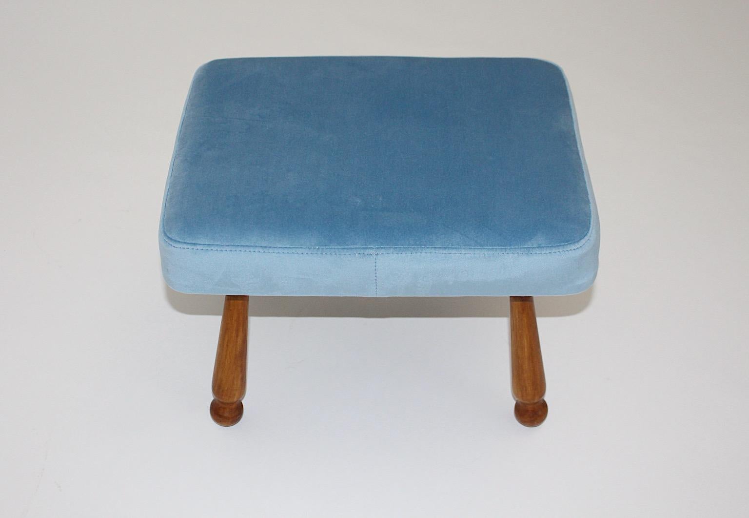 Austrian Mid Century Modern Cherry Blue Rectangular Footstool Josef Frank Style Austria For Sale