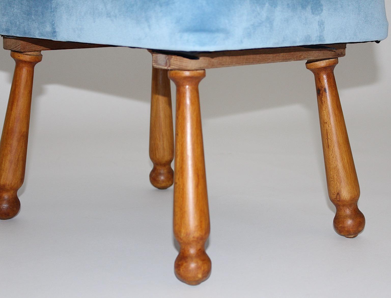 Mid Century Modern Cherry Blue Rectangular Footstool Josef Frank Style Austria For Sale 1