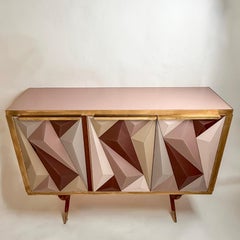 Mid-Century Modern Cherry Wood Brass & Three Dimensional Opaline Glass Cabinet
