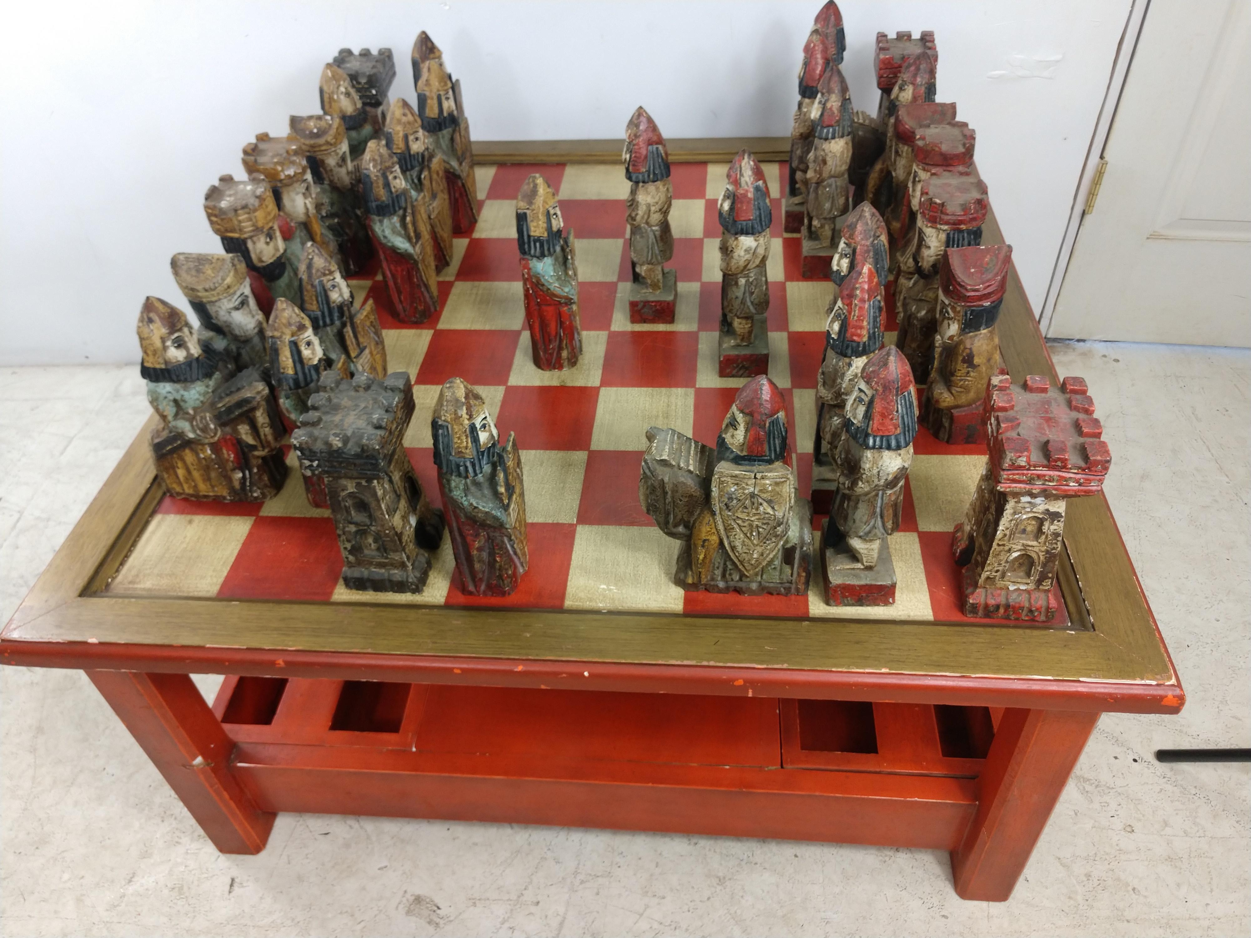 Mid-20th Century Mid-Century Modern Chess Cocktail Table with Hand Carved Polychrome Figures 1965 For Sale