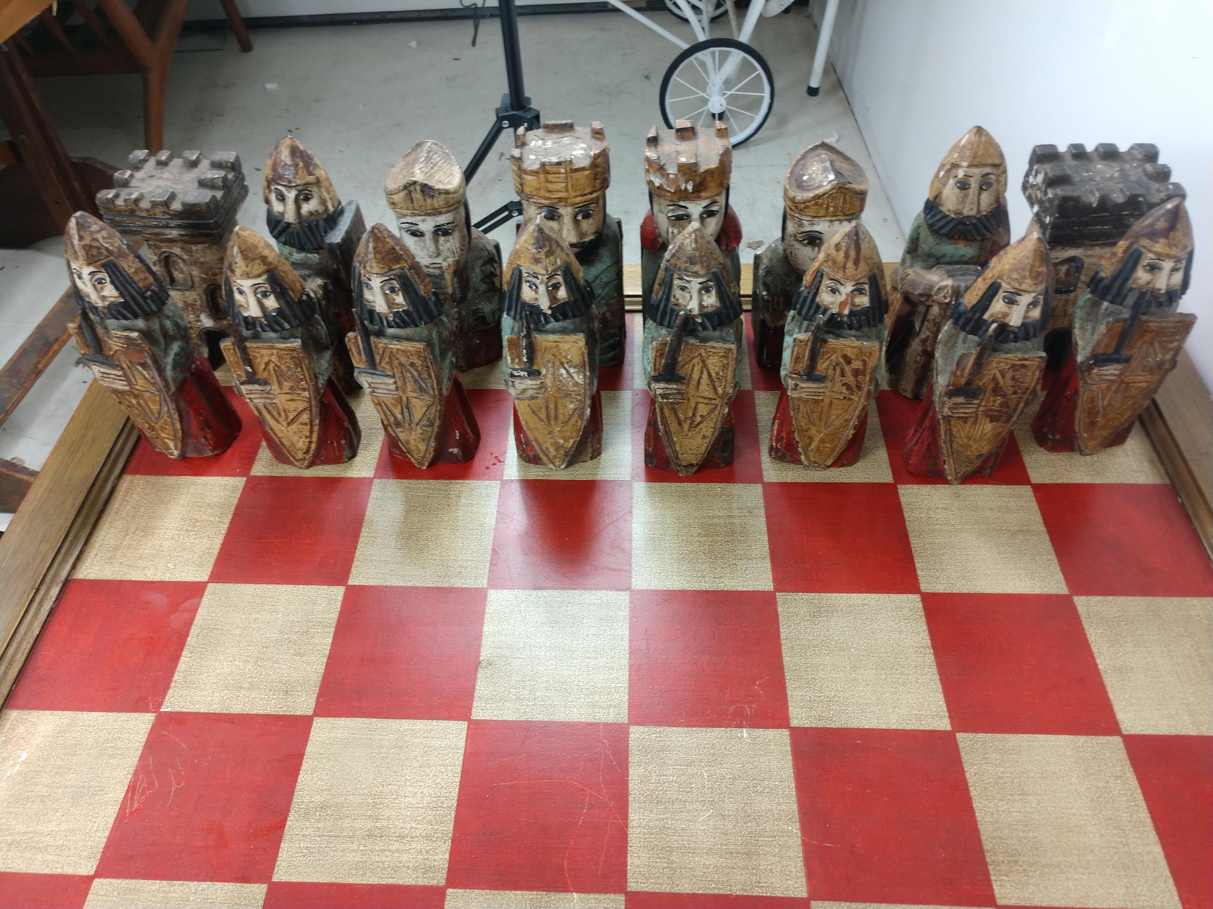 Mid-Century Modern Chess Cocktail Table with Hand Carved Polychrome Figures 1965 For Sale 1